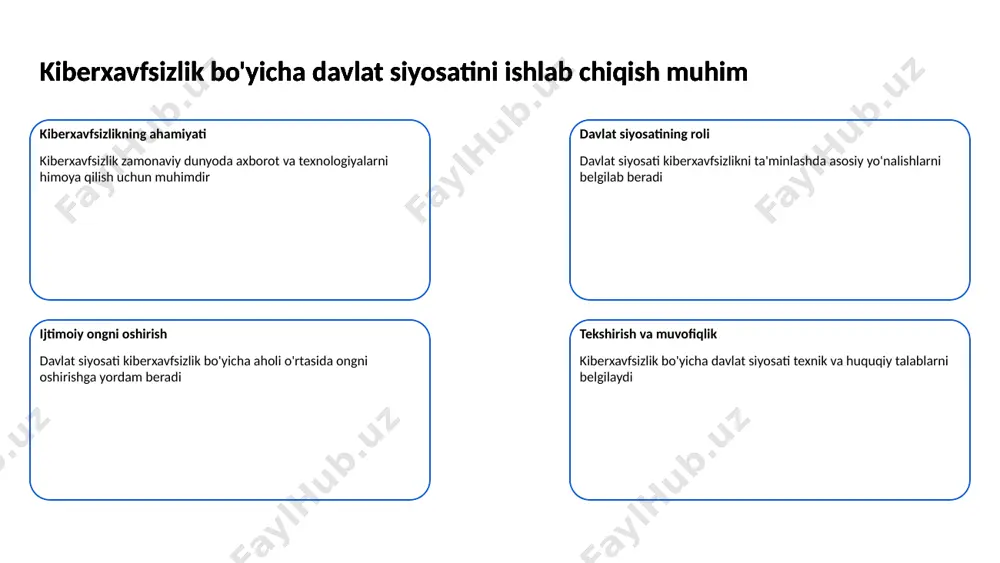 islarini tayyorlashda xalqaro hamkorlik ahamiyatli hisoblanadi. boshqa davlatlar bilan tajriba almashish ko'nikmalarni oshirishda yordam beradi. 6 kiberhujumlarga qarshi kurashish uchun xalqaro hamkorlik muhim xalqaro hamkorlik zarurati kiberhujumlarning murakkabligi va tezligi sababli, davlatlararo hamkorlik juda muhimdir. biz kiberxavfsizlikni ta'minlash uchun global darajada birgalikda harakat qilishimiz kerak. kiberhujumlarga qarshi kurashish uchun xalqaro hamkorlik muhim ma'lumot almashish xalqaro tashkilotlar va davlatlar o'rtasida kiberhujumlar to'g'risida ma'lumot almashish kiberxavfsizlikni kuchaytiradi. bunday almashinuvlar yangi tahdidlarga tezkor javob berishga yordam beradi. kiberhujumlarga qarshi kurashish uchun xalqaro hamkorlik muhim texnologik yordam xalqaro muassasalar kiberhujumlar bilan kurashish uchun texnologik yordam ko'rsatish mumkin. bunda eng yangi uskunalar va dasturiy ta'minotlarni rivojlantirish muhim hisoblanadi. kiberhujumlarga qarshi kurashish uchun xalqaro hamkorlik muhim 7 moldovada kiberxavfsizlikni oshirish uchun moliyaviy resurslar ajratish zarur kiberxavfsizlikning ahamiyati kiberxavfsizlik mamlakatning iqtisodiy va siyosiy barqarorligini ta'minlashda muhim rol o'ynaydi moldovada kiberxavfsizlikni oshirish uchun moliyaviy resurslar ajratish zarur moliyaviy resurslarning roli moliyaviy resurslar ajratish orqali davlat va xususiy sektor …