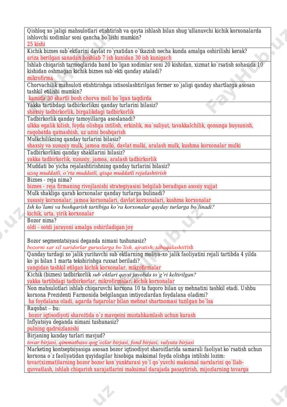 hirish, taftish va tahlil etish bilan shug’ullanuvchi korxonalar tushuniladi kartel’ deganda: monopolistik birlashma shaklidagi korxona tushuniladi biznes reja tuzishdan maqsad nima? bozor ehtiyojlari mavjud resurslar imkoniyatidan kelib chiqib korxona va firmalar faoliyatini joriy hamda kelgusi davrga rejalashtirish biznes reja tuzish muddatlari qaysi bandda to`g’ri ko`rsatilgan? muddatsiz biznes reja nechta bo`limdan iborat bo`ladi? 5 dan 18 gacha marketing rejasi nima? maqsadlar, marketing strategiyasi, marketing kompleksi dasturi, sotish dasturi hamda iqtisodiy xisob kitoblar yoritilgan xujjat marketing kompleksi nima? bu bozorga tovar etkazib berish uchun zarur bo`lgan marketing elementlarining optimal kombinatsiyasidir marketingda boshqarish jarayonlari nimalardan iborat? bozor tahlili, maqsadli bozorlarni tanlash, marketing kompleksini ishlab chiqarishhamda marketing chora-tadbirlarini hayotga tadbiq etishdan narx siyosati nimalarni e`tiborga olishi kerak? talabni, taklifni, tovar sifatini, iste`molchining xarid quvvatini e`tiborga olishi kerak “zararsizlik nuqtasi” nima? bu nuqta xarajatlarni qoplash uchun zarur bo`lgan minimal oborot hajmini yoki minimal tushum hajmini ko`rsatadi kon`yunktura nima? u bozorda ma`lum bir vaqtda yuzaga kelgan …