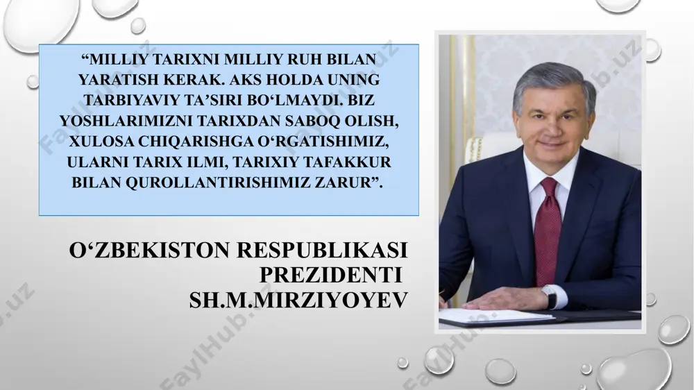 a o'zbekistonning eng yangi tarixini davrlashtirish o'zbekiston tarixini davrlashtirishning bir necha usullari mavjud. arxeologik davrlashtirish, tarixiy davrlashtirish, asosiy ishlab chiqaruvchi kuchlar va ishlab chiqarish usuliga ko'ra davrlashtirish, sulolaviy davrlashtirish va boshqalar davrlashtirish mustaqillik arafasida sobiq sovet davlatining ijtimoiy-iqtisodiy, siyosiy, mafkuraviy va madaniy rivojlanishi.qayta qurish. paxta ishi. milliy o'zlikni anglash o'zbekistonda davlat mustaqilligining qo'lga kiritilishi o'zbek modeli o'tish davri o'zbekistonda davlat hokimiyatining shakllantirilishi 1991-2016 yillardagi umumiy tarixiy vaziyat 2016 yil va yangi o'zbekiston jamiyatini qurish yo'lidagi islohotlar 2017-2021 yillarda o'zbekiston respublikasini rivojlantirishning beshta ustuvor yo'nalishlari bo'yicha harakatlar strategiyasi ko‘pgina mutaxassislarning fikriga ko‘ra, o‘zbekistonning zamonaviy tarixi 1989 yildan boshlanadi. mazkur sana bilan bog‘liq voqealar - sovet totalitar tuzumining so‘nggi o‘n yilligidan boshlab chuqur inqiroz pallasiga kirganligi, xususan, respublikalarning milliy, iqtisodiy, ijtimoiy manfaatlariga yot ekanligi bilan xarakterlanadi. o‘zbekiston tarixidagi ushbu murakkab davrda siyosiy sahnada yangi shakllangan lider - islom abdug‘anievich karimov paydo bo‘ldi. uning oqilona siyosati tufayli respublikaning manfaatlari himoya qilindi, mamlakatni siyosiy …
