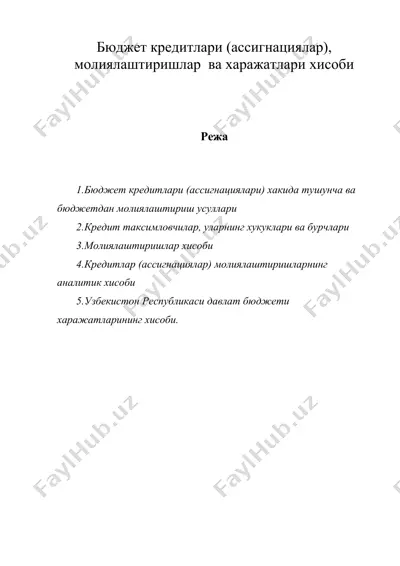 бюджет кредитлари (ассигнациялар), молиялаштиришлар ва харажатлари хисоби — DOC