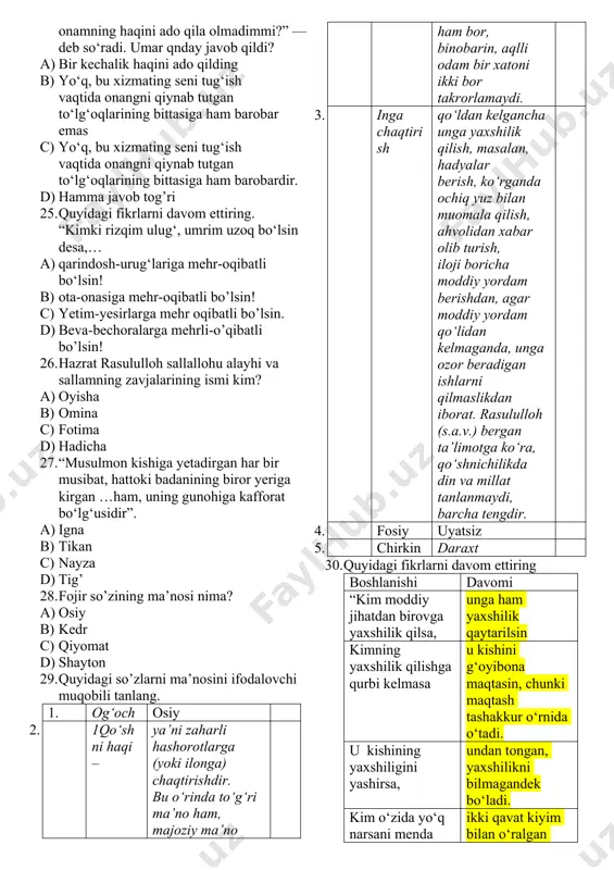 ay uni toliblarga sarf qilgani uchun meni kechiradi”, degan javobni aytadi.” a) xolid ibn ahmad b) xolid ibn nasr c) xolid ahmad ismoil d) nasr ibn xolid 20. buxoriydan kim “al-jome’ as-sahih”, “at-ta’rix” kitoblarini o‘qib berishni talab qiladi. a) xolid ibn ahmad b) xolid ibn nasr c) xolid ahmad ismoil d) nasr ibn xolid 21. “rasulullohdan: “ey rasulalloh, men yaxshiligimni kimga qilsam bo‘ladi?” — deb so‘radim. “onangga”, dedilar. men shu savolimni uch marotaba qaytarsam ham, rasululloh: “onangga”, deyaverdilar. to‘rtinchi marotaba so‘raganimda: “otangga va yaqin bo‘lgan qarindoshlaringga”, dedilar”. ushbu hadisni bahz ibn hakim kimdan eshitgan ? a) otasi va amakisidan b) bobosi va amakisidan c) otasi va bobosidan d) bobosi va tog’asidan 22. “odam ota-onasini haqorat qilmaydi ” hadisni kim rivoyat qiladi? a) abu muso ash’ariy b) abdulloh ibn umar c) abdulloh ibn amri d) abu hurayra onayi zorim uchun bo‘ynimni eggan tevaman, 23. tevaga mingan onam horsalar ham men charchamam. …