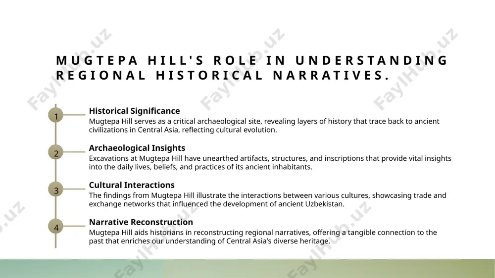 e. international journal of archaeology, 2020. 3. gulomov, i. heritage conservation efforts in uzbekistan: case study of mugtepa hill. heritage management journal, 2022. 4. khasanov, s. the role of mugtepa hill in understanding ancient societies of central asia. central asian archaeology review, 2023. 5. nurmatov, t. preserving the past: strategies for heritage conservation at mugtepa. journal of cultural heritage conservation, 2021. thank you! /docprops/thumbnail.jpeg