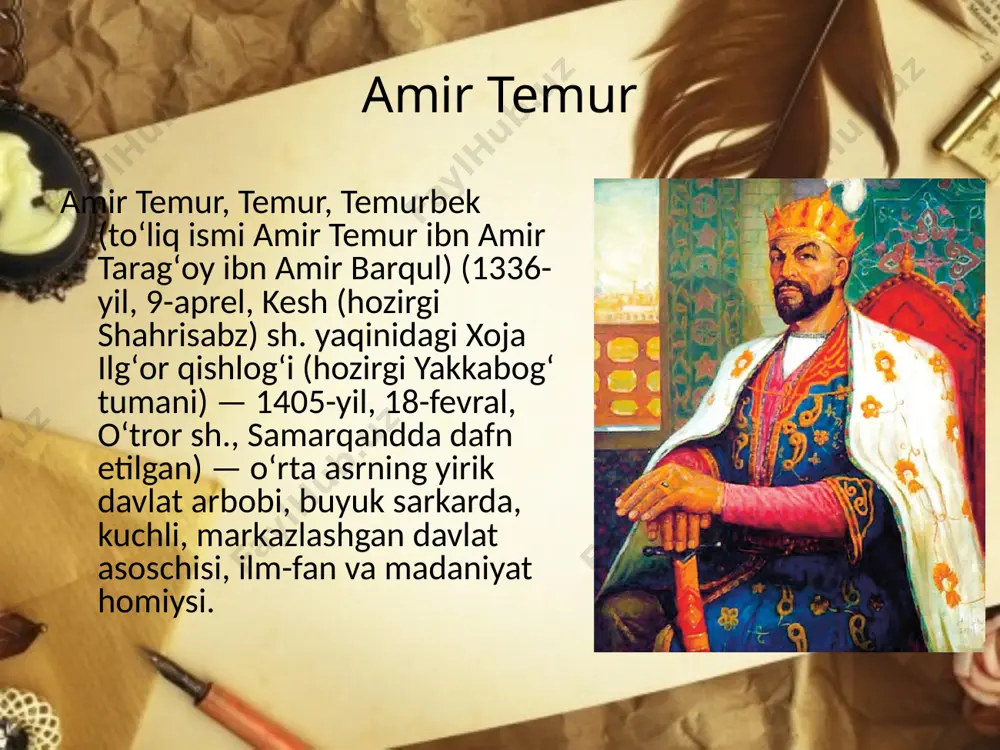 rotda tugʻilib, shu yerda umrining asosiy qismini oʻtkazgan. navoiyning otasi g‘iyosiddin bahodirtemuriylar xonadoniga yaqin boʻlgan. sheʼr zavqi va isteʼdodi erta uygʻongan. bolalikdayoq farididdin attorning „mantiqut-tayr“asarini yod olgan, sharafiddin ali yazdiy nazariga tushgan, mavlono lutfiy yosh shoir isteʼdodiga yuqori baho bergan, kamol turbatiy eʼtirofini qozongan. sayyid hasan ardasher, pahlavon muhammad kabi ustozlardan taʼlim olgan, abdurahmon jomiy bilan ijodiy hamkorlikda boʻlgan. navoiy 1469 yilgacha temuriylar orasidagi ichki nizolar sababli hirotdan yiroqroqda yashagan. mirzo ulug’bek mirzo (keyinchalik sulton) muhammad ibn shohruh ibn temur ulugʻbek koʻragon — temuriylar davlatining hukmdori, shohruhning oʻgʻli. buyuk oʻzbek astronomi (yulduzshunos) va matematiki. ulugʻbek 1411-yildan 1449-yilgacha bugungi oʻzbekiston, tojikiston, turkmaniston, qirgʻiziston, janubiy qozogʻiston, eron vaafgʻoniston turkistonida hukmdorlik qilgan. islom karimov islom abdugʻaniyevich karimov (1938-yil 30-yanvar, samarqand shahri — 2016-yil 2-sentabr, toshkent shahri[1]) — davlat va siyosat arbobi, oʻzbekiston respublikasining birinchi prezidenti. oʻzbekiston qahramoni (1994). oʻzbekiston qurolli kuchlari oliy bosh qoʻmondoni va 2007-yilgi prezidentlik saylovlari gʻolibi, 2015-yilgi prezidentlik saylovlari gʻolibi. …