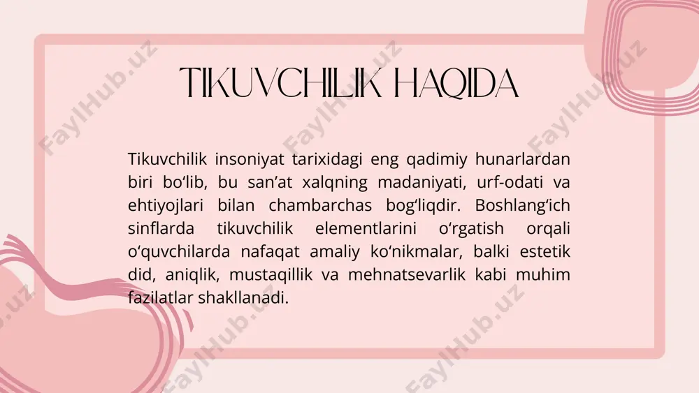 lab topadigan inson. modelyer bo'lish uchun chizishni bilish murakkab hisob kitoblarni qila olish material rang va naqsh tanlashni bilish va eng asosiysi nozik didga ega bo'lish. konstruktor- dizaynerni g'oyalarini hayotga taqbiq qiladigan mutaxasis. u turli o'lchamdagi andazalari chizmasi bilan shug'ullanadi. bichim usbulini tanlaydi,matoga qarab kiyimlarni loyhalashtiradi hamda bezak elementlarini moslaydi. kasblar bichikchi-matoni andaza asosida qirqish bilan shug'ullanadi. tikuvchi mahsulotlarini ishlab chiqarish operatori ya'ni tikuvchi- tikuv uskunasida mahsulotni tikib tayyor qilish bo'yicha har xil jarayonlarda ishtirok etadi. shlyapa yasash texnologiyasi e'tiboringiz uchun raxmat image1.png image2.svg image3.png image4.svg image5.jpeg image6.jpeg /docprops/thumbnail.jpeg