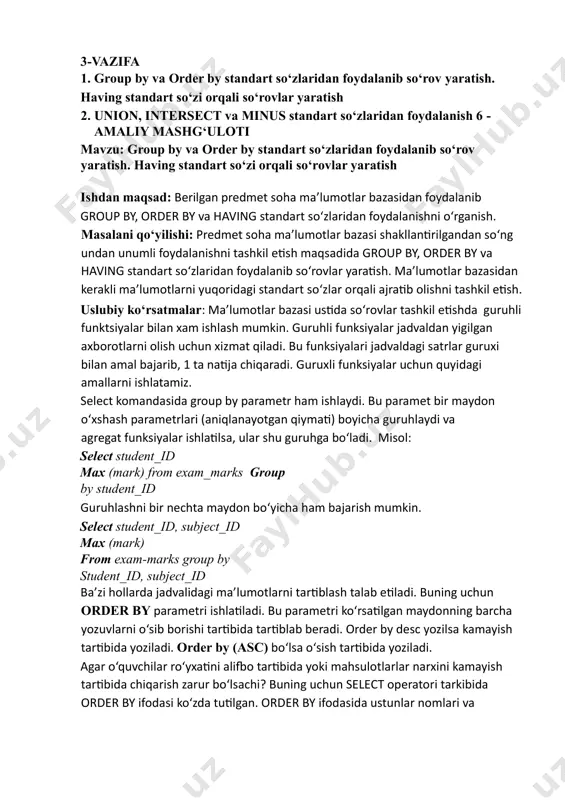 onning barcha yozuvlarni o‘sib borishi tartibida tartiblab beradi. order by desc yozilsa kamayish tartibida yoziladi. order by (asc) bo‘lsa o‘sish tartibida yoziladi. agar o‘quvchilar ro‘yxatini alifbo tartibida yoki mahsulotlarlar narxini kamayish tartibida chiqarish zarur bo‘lsachi? buning uchun select operatori tarkibida order by ifodasi ko‘zda tutilgan. order by ifodasida ustunlar nomlari va nomerlari hamda desc, asc predikatlarini qo‘llab, murakkab tartiblash shartlarini hosil qilish mumkin. misol: 1. select* from subject order by subj_name 2. select*from subject order by subj-name desc tartiblash bir nechta maydon uchun bajarilishi xam mumkin. bunda avval tartiblash 1-maydon bo‘yicha keyin 2-maydon bo‘yicha bajariladi. shuningdek order by parametri group by parametri bilan birga ishlatilishi mumkin. bunda order by so‘rovda oxiri keladi va unda guruxni ichidagi yozuvlarni tartiblaydi. misol: 1. select * from subject order by semester, subj-name; 2. select subj-name, semester, subj-name order by semester sql tili 1 ta so‘rov ichiga 2-so‘rovni joylashtirib ishlatish imkonini beradi. misol: birorta talabani …