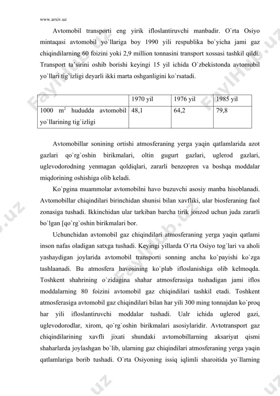 ashgan bo`lib, ularning gaz chiqindilari atmosferaning yerga yaqin qatlamlariga borib tushadi. o`rta osiyoning issiq iqlimli sharoitida yo`llarning ko`pligi, shaharlarni ko`chalarning yo`l belgilari svetaforlarga serobligi vaziyatni yanada murakkablashtiradi. yo`llar qoniqarsiz bo`lgan sharoitda havoning avtomobil gaz chiqindilari bilan bo`lganini me’yordagidan 5-10 marta ortdi. avtotransport gaz chiqindilarini pasaytirish usullari haqida ananaviy tasavvurlar qo`shimchalarga muhtojdir. gap shundaki avtomobillar bilan atmosferaning bulg`anishining kamaytirish, avtomobillarning zaharli gaz chiqarishini nazorat qilish va hattoki avtotransport korxonalarida nazorat sozlash punktlarini tashkil etishgagina emas balki ekologik jixatdan puxta uylangan rejalashtirishni amalga oshirishdan boshlanadi. bunda mintaqa iqtisodiyotining ehtiyojlari transportga quyiladigan ekologik talablar bo`yicha avtotransport bilan yuk tashish miqdori va sifati e’tiborga olinadi. tabiatga inson ekologiyasiga transport ta’sirini yanada pasaytirish masalasini maqbul tarzda hal etish uchun zarari kam yoqilg`i vositalari yaratish va dvigatellarning takomillashtirishga fan-texnika yutuqlarini jadal joriy qilish zarurdir. bunga transport vositalarini to`la elektr quvvati bilan ishlashga o`tkazish avtobuslarni traleybuslar bilan almashtirish va avtomobildan elektromobilga o`tish kiradi. yoqilg`i balansida etillashtirilgan benzin …