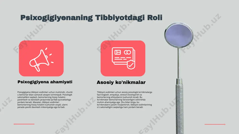 'ynaydi. tibbiyot xodimlari uchun psixogigiyena photo by quang tri nguyen on unsplash psixogigiyena tibbiyotda xodimlar va bemorlar o'rtasidagi aloqani yaxshilaydi. tibbiyot xodimlari psixologik salomatlikni saqlash uchun zarur ko'nikmalarni faol qo'llashlari lozim. stressni boshqarish va psixologik salomatlikni saqlash muhimdir. jamoaviy qo'llab-quvvatlash tibbiyot xodimlarining psixologik holatini yaxshilashga yordam beradi. zamonaviy tendensiyalar psixogigiyenada kutilayotgan o'zgarishlar bilan bog'liqdir. xulosa e'tiboringiz uchun rahmat! image1.png image2.png image3.png image4.png image5.png image6.png image7.png image8.png image9.png image10.png image22.jpg image23.jpg image21.png
