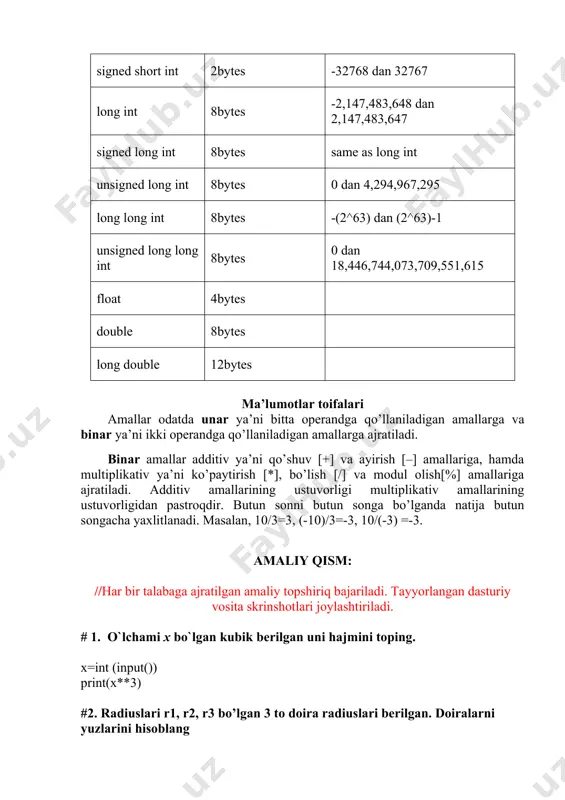mallarining ustuvorligi multiplikativ amallarining ustuvorligidan pastroqdir. butun sonni butun songa bo’lganda natija butun songacha yaxlitlanadi. masalan, 10/3=3, (-10)/3=-3, 10/(-3) =-3. amaliy qism: //har bir talabaga ajratilgan amaliy topshiriq bajariladi. tayyorlangan dasturiy vosita skrinshotlari joylashtiriladi. # 1. o`lchami x bo`lgan kubik berilgan uni hajmini toping. x=int (input()) print(x**3) #2. radiuslari r1, r2, r3 bo’lgan 3 to doira radiuslari berilgan. doiralarni yuzlarini hisoblang import math as n r1, r2, r3 = map(int, input().split()) s1=n.pi*r1**2 s2=n.pi*r2**2 s3=n.pi*r3**2 print ("%.2f %.2f %.2f" %(s1, s2 , s3)) #3. yuzasi s va balandligi h bo`lgan uch burchak berilgan. uni asosini toping. s, h = map(int, input().split()) a=2*s/h print ("%.2f" %(a)) #4. radiusi r bo`lgan sharning yuzini toping. import math as n r1 = int(input()) s1=4*n.pi*r1**2 print ("%.2f" %(s1)) #5. a,b va c tamonli uch burchak berilgan. uchburchakning yarim perimetri topilsin. a,b,c=map(int, input().split()) p=(a+b+c)/2 print("%.2f" %(p)) #6. konusni balandligi h va radiusi r bo`lsa uni hajmi nimaga …