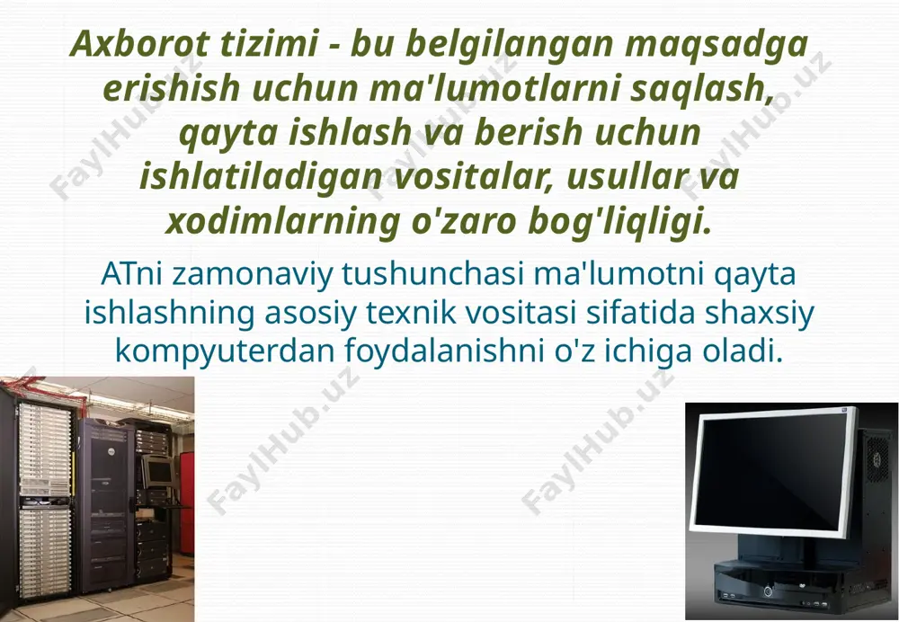 te'molchiga o'tkazish jarayoni; 2. qayta ishlash - avtomatizatsiya vositalari (sa) yordamida ularni keyingi foydalanish uchun zarur bo'lgan shaklga aylantirish maqsadida ma'lumotlar bo'yicha operatsiyalar to'plami; 3. axborotni saqlash - bu ma'lumotni saqlash qobiliyatini ta'minlaydigan shaklda taqdim etish. axborot menejmenti axborot resurslarini yaratish va ulardan foydalanish sohasidagi boshqaruv muammosining barcha jihatlarini qamrab oladi. axborotni boshqarish maqsadi: axborot tizimlari (at) va texnologiyalar (it) dan foydalanish orqali korxona samaradorligini oshirish. axborotni boshqarish predmeti: at yaratish, ishlatish va rivojlantirish jarayonlari. axborotni boshqarishning asosiy yo'nalishlari: - axborot tizimini (at) hayot tsiklining barcha bosqichlarida boshqarish; - atni strategik rivojlantirish; - at-marketing. imning asosiy vazifasi tashkilotning asosiy faoliyatini axborot bilan ta'minlashdir. axborot menejeri - axborotni qo'llab-quvvatlash, ma'lumotlarni qayta ishlash va ushbu jarayonlarni avtomatlashtirish bilan bog'liq boshqaruv masalalari bilan shug'ullanadigan kompaniyaning ushbu xodimi. axborotni boshqarish vazifalari: axborot tizimining texnologik muhitini shakllantirish; axborot tizimini rivojlantirish va uning saqlanishini ta'minlash; axborot tizimi muhitida rejalashtirish; axborotlashtirish sohasidagi tashkiliy tuzilmani shakllantirish; axborot tizimlaridan …