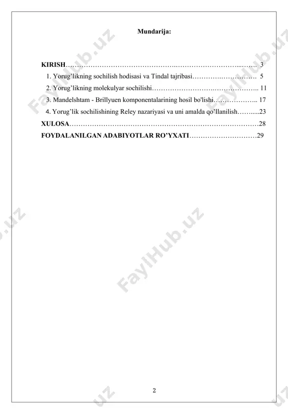 bu hodisalarning hammasiga yorug’likning havoda moleykulyar sochilishi sabab bo’lishini ko’rsatdi. kurs ishining dolzarbligi: talabalarda optik hodisalar ular ustida olimlarning qilgan ishlarini o’rganish maqsadida, yorug’lik hodisalaridan bir bo’lgan yoruglik sochilishining reley nazariyasi haqida ma’lumot va tushunchalar berishdan iborat. kurs ishining maqsadi: fizika ta’limi murakkab, takomillashib boruvchi, ochiq, boshqariladigan sistema hisoblanadi. optika fizikaning bir bo’limi hisoblanib, yorug’likning fizik tabiatini va xossasini hamda moddalar bilan o’zaro ta’sirini o’rganadi. bu kurs ishidan maqsad yorug’lik sochilishi haqida, yorug’likning molekulyar sochilishi haqida, yorug’lik sochilishining reley nazariyasini o’rganish, reley nazariyasining amaliyotda qo’llanilishini o’rganishdan iborat. kurs ishining vazifalari: ushbu maqsadni amalga oshirish uchun quyidagi vazifalar belgilanadi: yorug’likning molekulyar sochilishini o’rganish; reley nazariyasini o’rganish; reley nazariyasini amaliyotda qo’llanilishini o’rganishdan iborat. 1.yorug’likning sochilish hodisasi va tindal tajribasi. muhitga tushgan yorug’lik qaytish, sinish va yutilishdan tashqari sochiladi ham. bu hodisani kundalik hayotimizda har kuni kuzatamiz. yorug’likning atmosferada sochilishi natijasida osmon ko’m-ko’k bo’lib ko’rinadi. agar yorug’lik atmosferada sochilimaganda edi, kunduz kuni ham …