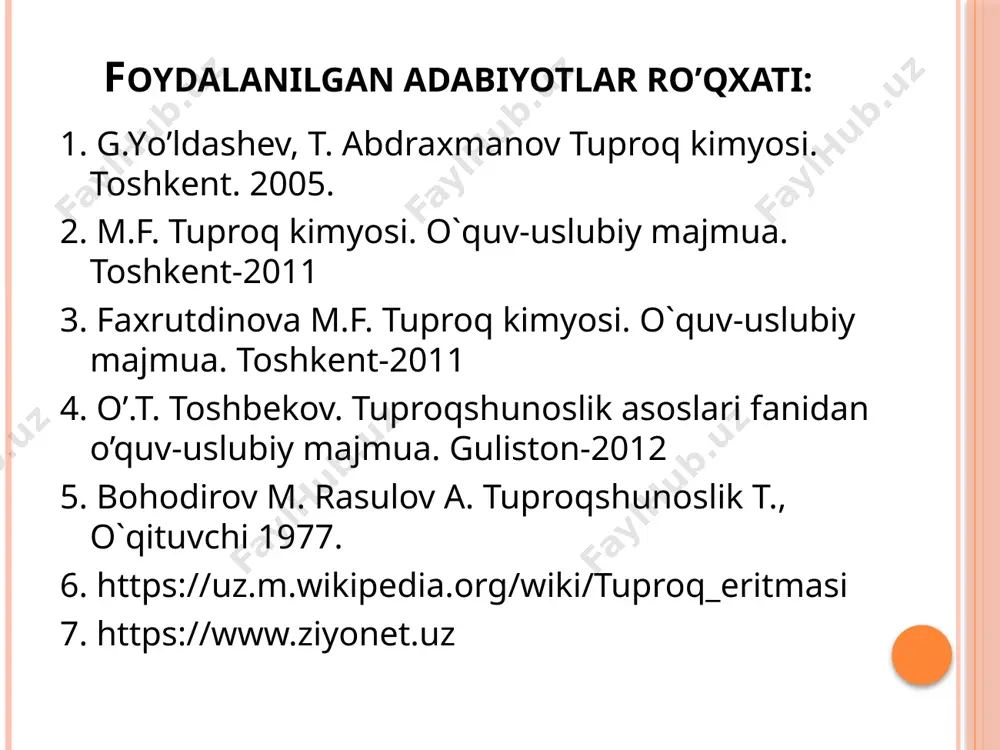 imi k.k.gedroys fikricha, tuproq kolloidlari mineral jismlarning kimyoviy nurash jarayonida paydo boigan har xil oksidlardan (ai2o3; fe2o3; sio2 va boshqalardan) iborat. kollord zarrachalar (mineral yoki organik) bir-biri bilan birikadi, ya’ni sintezlanish jarayoni sodir bo’ladi. kolloid zarralaming ko‘pchiligi kristall tuzilishiga ega va 3 qavatdan - yadro, ichki va sirtqi qavatdan iborat. bunday murakkab tuzilgan kolloid zarracha mitsella deyiladi. kolloid zarra ikki holatda - zol va gel holda bo’lishi mumkin. zol holdagi kolloid suyuq muhitda erigan va tarqoq holatda bo’lib to‘xtovsiz harakat qiladi. gel holatdagi kolloid bir necha zarralar yigindisidan iborat yopishqoq quyqa xolida bo’lib, suyuq muhitda osonlik bilan cho‘kadi. tabiiy omillar ta’sirida zol holdagi kolloid gelga o‘tadi. zol holdagi kolloidlaming to’planib cho‘kma hosil qilishga, ya’ni gel paydo boiishga koagutyatsfya, gel holdagi kolloidning yana qaytadan tarqalib zol hosil bo’lishiga peptizatsiya jarayoni deyiladi. tuproq kolloidlari kimyoviy tarkibiga ko‘ra 3 guruhga bo’linadi: 1. mineral kolloidlar — fizik-kimyoviy va biologik nurash jarayonida paydo bo’ladi (a12o3 …