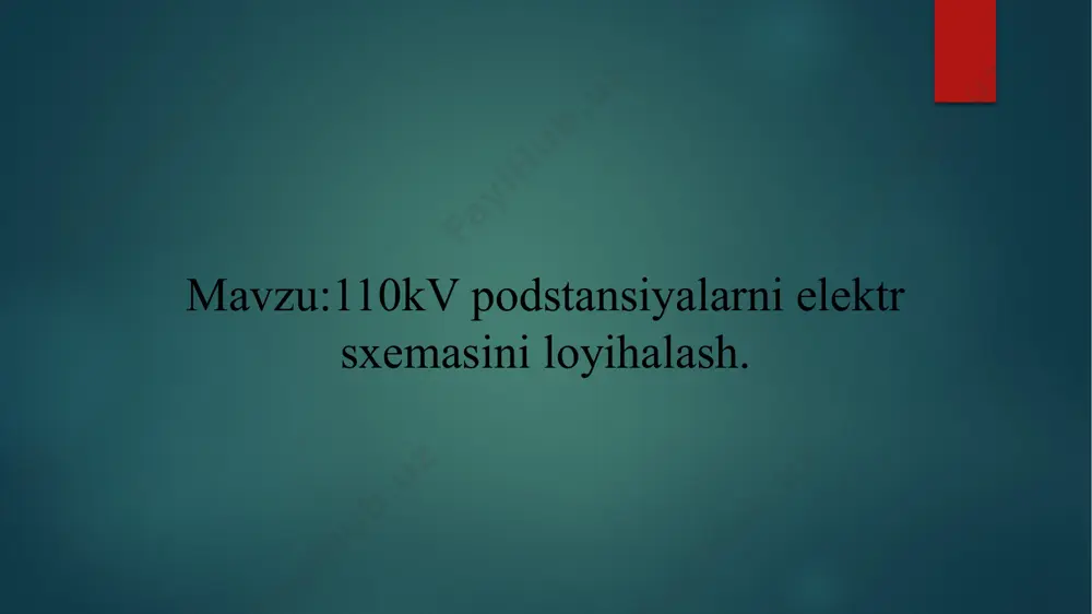 stantsiya va podstantsiyalarda kuch transformatorlarini quvvatini va sonini aniqlash. transformatorning nominal quvvatlari quyidagi shartga koʻra tanlanadi, (mv·a) demak, gost boʻyicha transformator qatori 2,5 mv·a; 4,0 mv·a; 6,3 mv·a; 10,0 mv·a va xokazo quvvatli trasformatorlarni tanlash tavsiya qilinadi. agar trasformatorlardan biri ishdan chiqsa, elektr ta’minoti toʻxtatilmay, ikkinchisi vaqtinchalik 140 % yuklama bilan ishlashi koʻzda tutiladi. a) ikki hil quvvatli trasformatorlar olish koʻzda tutiladi. i – variant: 2,5 mv·a 4 mv·a; uning oʻta yuklanishi, ==0,59 i – variant: 10 mv·a uning oʻta yuklanishi, ==0,37 transformatorlarni biri ishdan chiqsa, bu tanlagan variantlarni ishlashini tekshiramiz. 1-variant; 1,4*sn=1,4*2,5=3,5 mv,a 2-variant; 1,4*sn=1,4*4=5,6 mv,a podstansiyaning bir chizqili sxemasi stantsiya va podstantsiyalarda, ehmda qisqa tutashuv toklarini aniqlash. qisqa tutashuv toklari asosan elektr asbob–uskuna parametrlarini tanlash yoki tekshirish, shuningdek, rele muhofazasi va avtomatika qurilmasini tanlash yoki tekshirish uchun hisoblanadi. tarmoq elementlarining qarshiligini aniqlash uchun, odatda, hisoblash sxemasida ularning parametrlari nomlangan birliklarda, yoki nisbiy birliklarda koʻrsatiladi. uch fazali qisqa tutashuv …