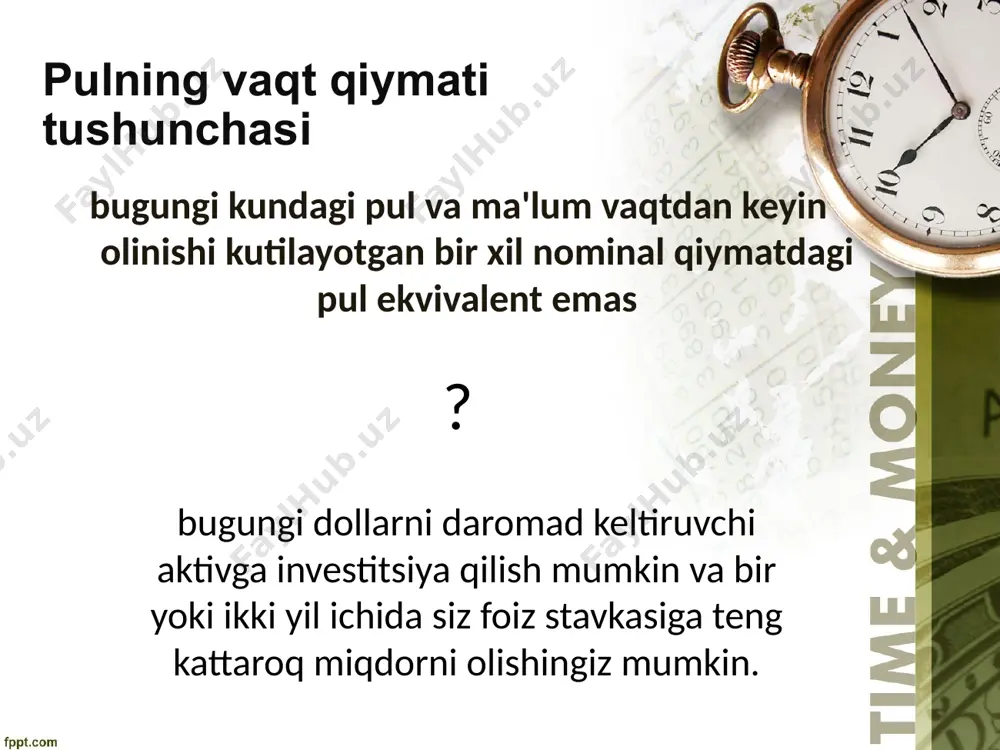 'lsa, unda 1000 aqsh dollari miqdoridagi kredit uchun dekursiv stavka bilan. qarz beruvchi muddat oxirida 1100 oladi . oldindan belgilangan kurs bo'yicha u qarz oluvchiga 900 aqsh dollarini beradi. va muddat oxirida 1000 aqsh dollari oladi. turli xil boshlang'ich summalar uchun daromad bir xil bo'ladi (100 aqsh dollari). kelajakdagi va joriy qiymatni hisoblash p v= fv *(1- d ) f v = p v/(1-d) qayerda pv – kelajakdagi pul oqimining joriy qiymati; fv - joriy pul oqimining kelajakdagi (yig'ilgan) qiymati; d – diskont stavkasi (bank chegirma stavkasi ) murakkab foizlardan foydalanish fv= pv /(1 - d)n pv = fv*(1 -d )n qayerda pv – kelajakdagi pul oqimining joriy qiymati; fv - joriy pul oqimining kelajakdagi (jamg‘arma) qiymati; d – diskont stavkasi (bank chegirma stavkasi ). foiz stavkasini ma'lum chegirma stavkasi yordamida osongina hisoblash mumkin: 24 r=d*(fv/pv) d=r*(pv/fv) (fv-pv)= d*fv=r*pv 1-misol 100 ming dollarlik veksel to'lov muddatidan 4 yil oldin yillik …