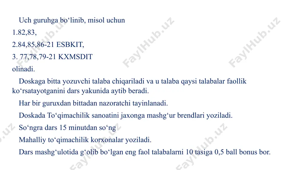 ir xil vazifani bajaruvchi, lekin turli xil yillarda ishga tushirilgan asosiy vositalarni inflyasiyani hisobga olgan holda joriy yil baholarida aynan shu vositalarni takror ishlab chiqarish qiymati bo‘yicha qayta baholash va taqqoslama ko‘rinishga keltirish (hukumat qarorlariga asosan vaqti-vaqti bilan o‘tkazib turiladi). qoldiq qiymat – asosiy vositalarning boshlang‘ich yoki tiklanish qiymatidan eskirish summasi ayrilib topiladi amortizasiya – asosiy fondlar eskirishini mahsulotning ishlab chiqarish tannarxiga qismlab o‘tkazish yo‘li bilan yig‘ilib boriladigan pul mablag‘idir. asosiy fondlar jismoniy va ma’naviy eskiradi amortizasiyani hisoblash usullari: 1.qiymatni bir tekisda (to‘g‘ri chiziqli) hisobdan chiqarish. 2.bajarilgan ishlar hajmiga mutanosib ravishda hisoblash (ishlab chiqarish usuli). 3.tyezlashtirilgan usulda hisobdan chiqarish: a) sonlar yig‘indisi-kumulyativ usuli; b) qoldiqni kamaytirish usuli. 1.qiymatni bir tekisda (to‘g‘ri chiziqli) hisobdan chiqarish. amortizasiya qilinadigan summa ob’yektning foydali xizmat muddatiga teng taqsimlanadi. amortizasiya me’yori ob’yektning foydali xizmat muddatiga va tugatilish qiymatiga bog‘liq bo‘ladi. amortizasii me’yori qat’iy (o‘zgarmas) qilib o‘rnatiladi. asosiy vositadan foydalanish muddati 5 yil qiymati 100 000 000 …