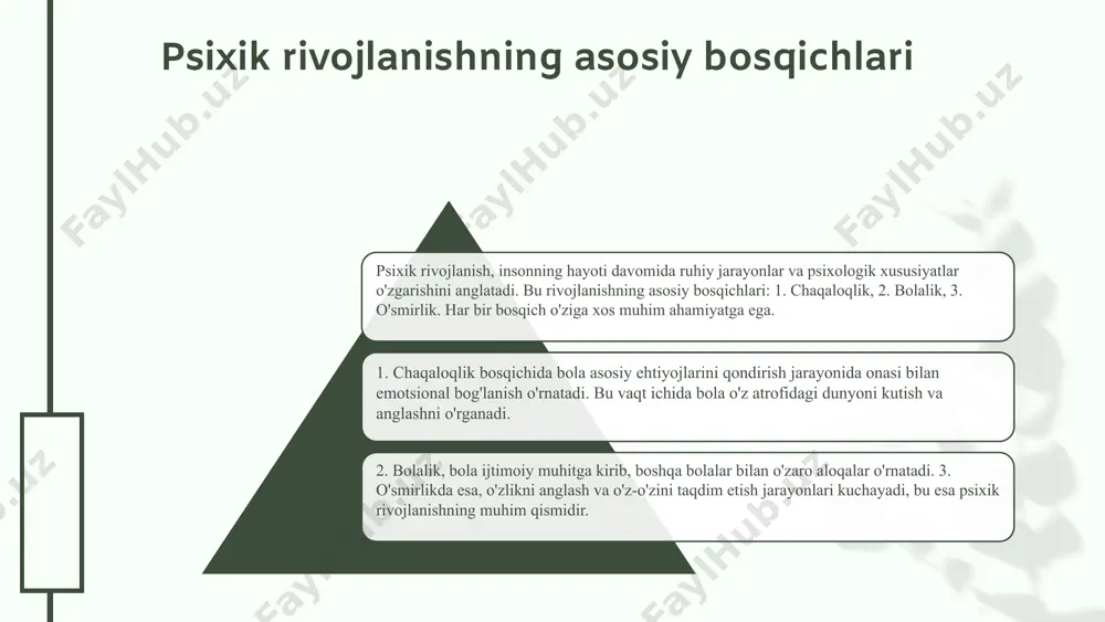 a va ichki motivatsiyasiga e'tibor qaratadi, shuningdek, hissiy holatlarni hisobga oladi. zamonaviy psixologik yondashuvlarning amaliy qo'llanilishi kognitiv-xulq-atvor terapiyasi psixologik muammolarni hal qilishda qo'llaniladi, masalan, depressiya va qayg'u holatlarida. misollar va amaliyotdagi yondashuvlar photo by bernd 📷 dittrich on unsplash 04.26.24 04.26.24 xulosa psixik rivojlanish haqida asosiy fikrlar psixik rivojlanishning asosiy bosqichlari: chaqaloqlik, bolalik, o'smirlik. har bir davrda o'ziga xos xususiyatlar mavjud. psixik rivojlanish muammolari ko'plab omillar bilan bog'liq. ularni aniqlash va tushunish psixologiyaning asosiy vazifalaridan biridir. zamonaviy psixologik yondashuvlar orqali psixik rivojlanish muammolarini bartaraf etish mumkin. 04.26.24 04.26.24 foydalanilgan adabiyotlar 1. murodova, n. m. psixik rivojlanish va uning asosiy bosqichlari. psixologiya va ta'lim, 2022 2. toshbekov, a. r. psixik rivojlanish muammolari va ularni hal qilish usullari. o'zbekiston psixologiya jamiyati, 2021 3. rahimov, s. x. rivojlanish psixologiyasi: nazariy va amaliy yondashuvlar. o'zbekiston milliy universiteti, 2023 4. siddiqova, d. s. zamonaviy psixologik yondashuvlar va ularning ta'siri. psixologiya va ijtimoiy fanlar, 2023 5. …