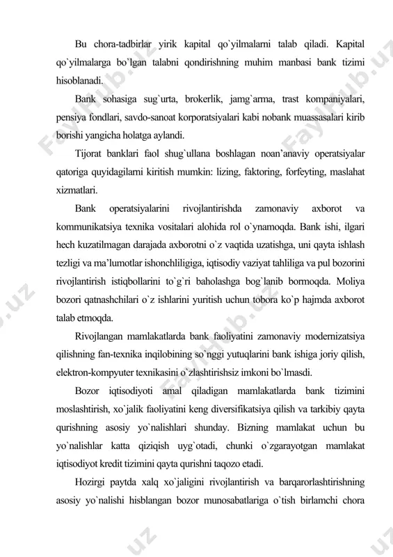 hiqarishi, unga narx belgilashi va u bilan ichki yoki tashqi bozorga chiqishi lozim. boshqacha qilib aytganda, tovar - ehtiyoj yoki talabni qondiradigan va e’tiborni jalb qilish, xarid qilish, foydalanish yoki iste’mol qilish maqsadida bozorga taklif etiladigan har qanday narsalardir. bu jismoniy obyektlar, xizmatlar, shaxslar, joylar, tashkilotlar va g`oyalar bo`lishi mumkin. bank tovarlari o`ziga xosdir, bu - pul bilan operatsiyalar ifodalaydigan xizmatlar. iqtisodiy aabiyotlarda bu xizmatlar «bank mahsuloti» nomini olgan. bizning amaliyotda bu atama bozor iqtisodiyotiga o`tilishi munosabati bilan endi qo`llanila boshlagan. amerika adabiyotlarida bank tomonidan amalga oshirilgan u yoki bu operatsiya yoki xizmatni nazarda tutgan holda aynan bank mahsulotlari haqida gapirish qabul qilingan. buning ustiga, banklar oxirgi o`n yillikda o`z faoliyatida asosiy e’tiborni mijozning manfaatlarida belgilangan harakatlarni amalga oshirishdan ko`ra tobora ko`proq yaratilgan va keng ma’noda muomalada bo`lgan moliyaviy majburiyatlar oldi-sotdisiga qaratmoqdalar. bank operatsiyalari quyidagi turlarga tasniflanishi mumkin: 1) kredit xizmatlari (operatsiyalari) bu - bank va mijoz (qarz oluvchi yoki …