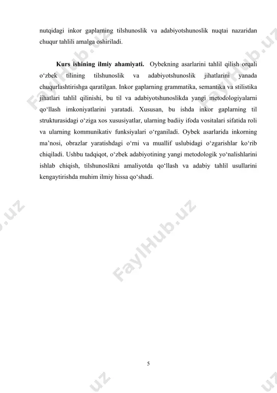 uallif tomonidan hikoya qilinayotgan voqealarga yangicha qarashni yoki qarorlarni aks ettiradi[footnoteref:1]. [1: akramov, d. (2021). oybekning badiiy uslubida inkor va kontrast. toshkent: fan nashriyoti. 156 sahifa.] semantik jihatlar: inkor gaplarning semantik jihatlari ularning ma’no toifalariga bo‘linishiga olib keladi. ular ko‘pincha biror holatning tasdiqlanishini rad etish yoki biror fikrni inkor qilishda ishlatiladi. semantik jihatdan inkor gaplar ko‘pincha shubha, qarama-qarshilik yoki salbiy baho berishni ifodalashda ishlatiladi. misol uchun, "uning so‘zlari haqiqatan ham yomon bo‘lmas edi" — bu gap orqali qahramon tomonidan so‘zlarning haqiqatga to‘g‘ri kelmasligi ta’kidlanadi. stilistik roli: badiiy nutqdagi inkor gaplar stilistik vosita sifatida qo‘llaniladi, chunki ular qahramonning ichki dunyosini ko‘rsatishga, uning qarashlari va fikrlarini o‘zgartirishga yordam beradi. oybekning asarlarida inkor gaplar orqali voqealarning ma’nosi chuqurlashtiriladi va qahramonlarning ruhiy holatlari o‘zgaradi. inkor gaplar muallifga dramatik va emotsional ta’sir kuchini oshirishda yordam beradi. inkor gaplarning o‘zbek tilidagi grammatik va semantik xususiyatlari adabiy tilni boyitishda, ayniqsa, badiiy asarlarda, katta rol o‘ynaydi. oybek asarlarida …
