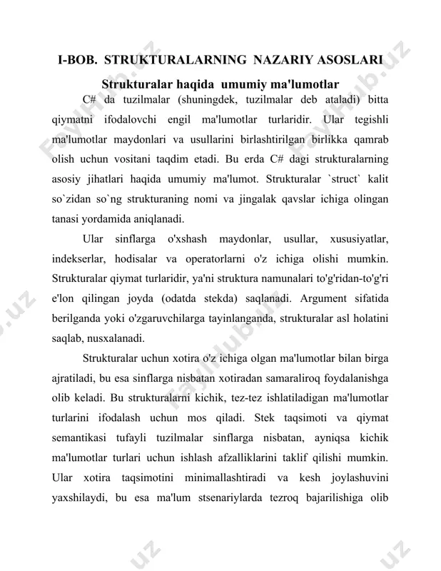 rilganda yoki o'zgaruvchilarga tayinlanganda ob'ektning o'zi emas, faqat havola ko'chiriladi. strukturalar qiymat turlaridir, shuning uchun argument sifatida berilganda yoki o‘zgaruvchilarga tayinlanganda butun strukturaning nusxasi tuziladi. bu unumdorlikka ta'sir qilishi mumkin, lekin bir nusxadagi o'zgarishlar boshqalarga ta'sir qilmasligini ta'minlaydi. sinflar merosni qo'llab-quvvatlaydi, bu interfeyslar va virtual usullar orqali sinf ierarxiyasi va polimorfik xatti-harakatlarni yaratishga imkon beradi. tuzilmalar meros yoki polimorfizmni qo'llab-quvvatlamaydi. ular odatda oddiy ma'lumotlar turlari uchun ishlatiladi va sinflar bilan bir xil darajada abstraktsiyani namoyish etmaydi. sinflar kompilyator tomonidan aniq belgilanishi yoki bilvosita taqdim etilishi mumkin bo'lgan parametrsiz konstruktorlarga ega bo'lishi mumkin. strukturalar har doim barcha maydonlarni standart qiymatlariga ishga tushiradigan yashirin standart parametrsiz konstruktorga ega. maxsus konstruktorlar ham aniqlanishi mumkin. sinflar ob'ektni yakunlash vaqtida axlat yig'uvchi tomonidan avtomatik ravishda chaqiriladigan yakunlovchilarga (destruktorlarga) ega bo'lishi mumkin. strukturalarda yakunlovchi bo‘lishi mumkin emas. ular deterministik halokatga tayanadilar va axlat yig'ishda qatnashmaydilar. malumot turlariga ob'ekt havolasi yo'qligini ko'rsatuvchi null qiymat berilishi mumkin. qiymat …