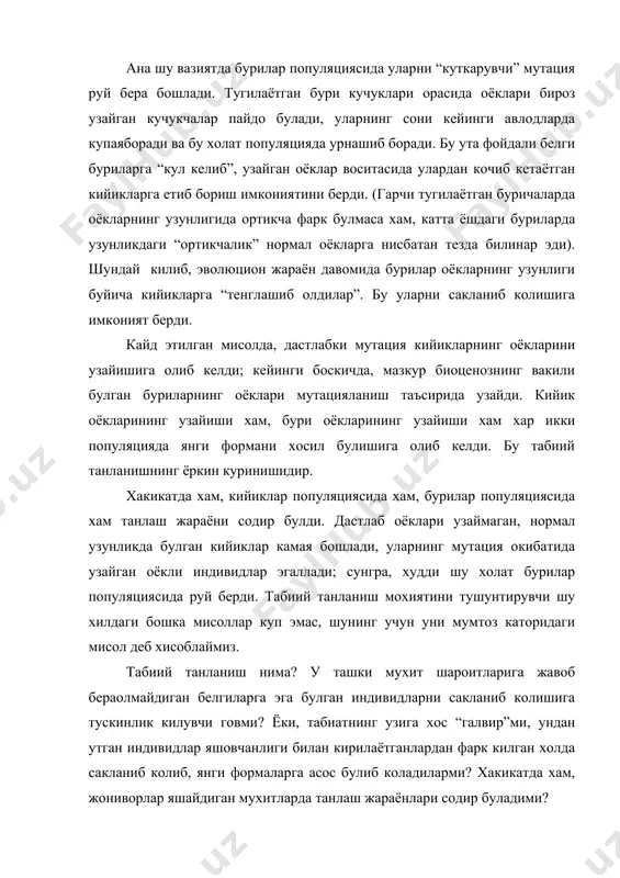 лашлар булмайди. турлар жойлашган (таксимланган) мухит уларнинг индивидларини сараламайди, бир-биридан ажратиб, сакланадиганларни (яшашга колдирилганларни) ва йукотиладиганларни сайламайди. мухит, унинг таркибида организмлар буладими-булмайдими, бунга бефарк, чунки унинг асоси – жонсиз табиатдир. унинг ичида тирик индивидларнинг айнан кайси хиллари сакланиб колиб яшайди, кайсилари сакланиб колаолмасдан кирилади – бунга мухитнинг хеч кандай манфаатдор томони булмайди. табиий танланиш деб аталувчи жараёнда, турларни хамиша узгариб бораётган мухитга нисбатан мувофик булиб сакланиши диккатга сазовор, у хам булса турларни (ёки тугрироги алохида олинган турни) таркибидаги барча индивидларни ёппасига яшаб колиши эмас, балки айнан уша мухит узгаришларини “сезувчи”, уша узгаришларга мос келувчи индивидларни сакланиши руй беради. албатта, конкрет мухит узгаришларига тур таркибидаги барча индивидлар жавоб бераолмайди, чунки уша тур индивидлари дастлаб кандайдир узига хос мухит шароитларида шаклланган, узининг узгарувчанлик белгилари билан айнан уларга жавоб берган ва шу пайтгача уша шароитларга илгаридек жавоб бермайдиган холатга келади ва кирила бошлайди. турни йуколиши барча индивидлар хисобига, деярли ёппасига бошланади. лекин, бунга …