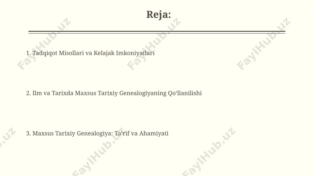 va ularning huquqlarini himoya qilish uchun kamida 3 bosqichli axloqiy tekshiruvdan o'tish majburiy hisoblanadi. genealogik ma'lumotlarni noto'g'ri talqin qilish yoki manipulyatsiya qilish natijasida kelib chiqishi mumkin bo'lgan ijtimoiy va siyosiy oqibatlarni oldini olish uchun kamida 2 nafar mutaxassisning ekspertizasidan o'tish zarur. tarixiy voqealarni qayta tiklashda genealogiyaning ahamiyati dnk genealogiyasi usuli yordamida 200 yildan ortiq davom etgan qabilalararo nizolar sabablarini, genetik jihatdan o‘rganish orqali aniqlash mumkin. geneologik ma’lumotlarga asoslangan 1000 dan ziyod tarixiy hujjatlarni tahlil qilish, 18-asrda yuz bergan muhim ijtimoiy-siyosiy o‘zgarishlarning sabab-oqibatlarini aniqlashga yordam beradi. ilmiy tadqiqotlarda genealogik maʼlumotlardan foydalanish ilmiy tadqiqotlarda oilaviy genealogik daraxtlarni tahlil qilish orqali kamida 3 avlod davomida irsiy kasalliklarning tarqalish chastotasini aniqlash mumkin. genealogik ma'lumotlar, 1000 dan ortiq shaxsni qamrab olgan katta miqyosli tadqiqotlarda, tarixiy demografik ko'rsatkichlarni aniqlashda muhim rol o'ynaydi. e'tiboringiz uchun rahmat @taqdimot_robot image2.jpg image3.jpg image4.jpg image5.jpg image6.jpg image7.jpg image8.jpg
