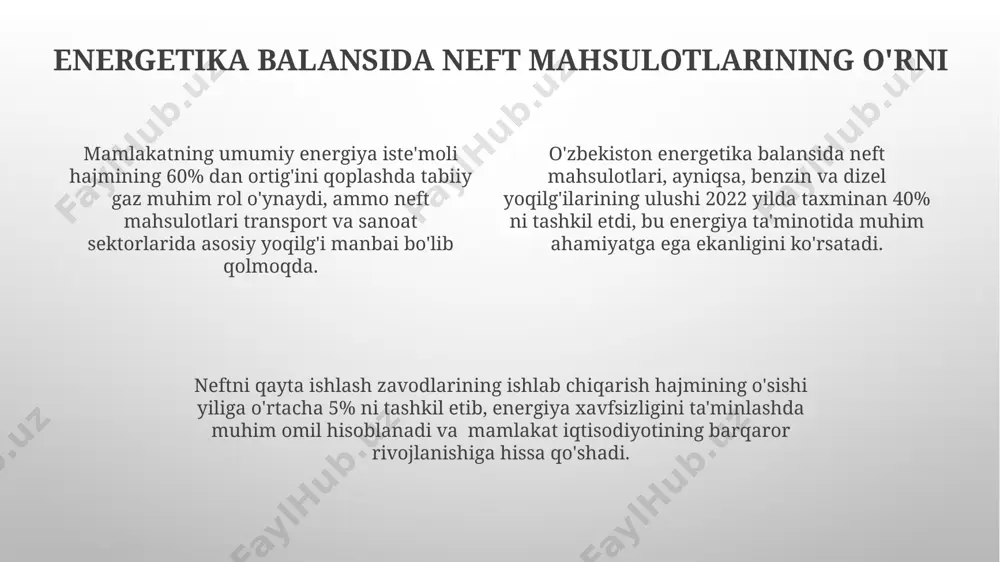 kazlari soni 2000-yillardan boshlab 3 barobar oshdi, bu neftni qayta ishlash sohasidagi mutaxassislar tayyorlash hajmining sezilarli darajada o'sganligini ko'rsatadi. raqobatbardoshlikni oshirish va eksport salohiyati davlat tomonidan qo'llab-quvvatlanadigan subsidiyalar va soliq imtiyozlari tufayli, neftni qayta ishlash korxonalari xalqaro bozorlarda 10% gacha pastroq narxda mahsulotlarni taklif qilish imkoniyatiga ega bo'ldilar. neftni qayta ishlash zavodlarining texnologik yangilanishi natijasida mahsulotlarning sifat ko'rsatkichlari 15-20% ga oshdi, bu esa eksport bozorlarida raqobatbardoshlikni oshirishga yordam beradi. so'nggi 5 yilda eksport hajmi 2 barobar oshdi, bu esa neftni qayta ishlash sanoatining yuqori darajada raqobatbardoshligini va eksport salohiyatining o'sishini ko'rsatadi. o'zbekiston respublikasida neftni qayta ishlash sanoatining boshlanishi o'zbekistonda neftni qayta ishlashning dastlabki bosqichlari 1920-yillarning oxirlarida, farg'ona vodiysidagi kichik quvvatli zavodlarning ishga tushirilishi bilan boshlangan bo'lib, ular kuniga atigi bir necha tonna neftni qayta ishlashga qodir edi. 1960-yillarda o'zbekiston neftni qayta ishlash sanoatida benzin, kerosin, dizel yoqilg'isi kabi turli xil neft mahsulotlarini ishlab chiqarish hajmi sezilarli darajada oshdi, bu esa …