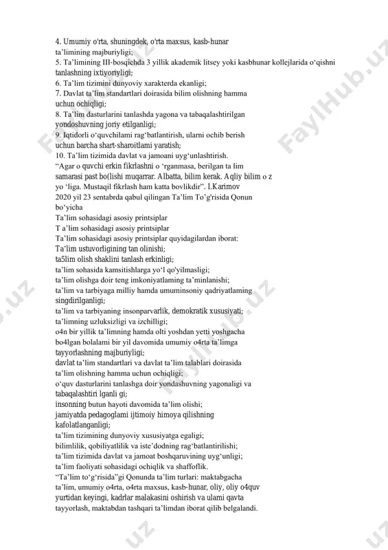 k, vatanparvarlik, iymon-e’tiqodlik. halollik, axloqiy poklik, odillik, bilimlilik, onglilik, do‘stlik, baynalminallik kabi insoniy fazilatlar shakllanib, rivoj topmoqda, o‘z ona tili, milliy urf-odatlari, diyorimizning tabiat boyliklari bilan faxrlanish tuyg‘usi kamol topmoqda. o‘zbekiston respublikasining “ta’lim to‘g;risida”gi qonuni va “kadrlar tayyorlash milliy dasturi” buyuk istiqbol omili. 1996-yilga kelib. respublikamizda iste’dodli bolalami tanlashga e’tibor kuchaytirildi. joylarda maxsus hunarmandchilik litseylari. umumiy ta’lim yo‘nalishidagi litseylar, gimnaziyalar tarmog‘i kengaytirildi. buning uchun yangi dasturlar ishlab chiqildi. ta’lim sohasida xalqaro aloqalar (yunisef, yunesko) mustahkamlandi. xorijiy davlatlaming kadrlar tayyorlash sohasidagi ilg‘or tajribalari o‘rganildi va respublikamizda kadrlar tayyorlash tizimining yangi modeli yaratildi. 1997-yil 29-30-avgustda 0 ‘zbekiston respublikasi oliy majlisi birinchi chaqiriq ix sessiyasida “ta’lim to‘risidagi qonun va “kadrlar tayyorlash milliy dasturi” qab'ul qilindi. bu qonun va dastur yosh avlodni vatanimizga sadoqatli, uning mustaqilligini asrab-avaylashga tayyor, keng tafakkurli, jismonan sog‘lom, ma’naviy va ma’rifiy jihatdan barkamol qilib tarbiyalashda, umuman, ta’lim mazmunining takomillashuvi, uning sifati va samarali bo'lishida muhim omildir. qonunda ta’lim sohasidagi davlat …
