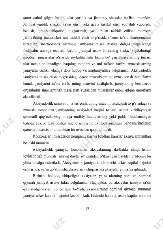 uassislari uni tashkil etish toʻgʻrisida oʻzaro taʼsis shartnomasini tuzadilar, shartnomada ularning jamiyatni taʼsis etishga doirga birgalikdagi faoliyatni amalga oshirish tartibi, jamiyat ustav fondining (ustav kapitalining) miqdori, muassislar oʻrtasida joylashtirilishi lozim boʻlgan aksiyalarning turlari, ular uchun toʻlanadigan haqning miqdori va uni toʻlash tartibi, muassislarning jamiyatni tashkil etishga doir huquq va majburiyatlari belgilanadi. aksiyadorlik jamiyatni taʼsis etish toʻgʻrisidagi qaror muassislarning ovoz berish natijalarini hamda jamiyatni taʼsis etish, uning ustavini tasdiqlash, jamiyatning boshqaruv organlarini shakllantirish masalalari yuzasidan muassislar qabul qilgan qarorlarni aks ettiradi. aksiyadorlik jamiyatini taʼsis etish, uning ustavini tasdiqlash toʻgʻrisidagi va muassis tomonidan jamiyatning aksiyalari haqini toʻlash uchun kiritilayotgan qimmatli qogʻozlarning, oʻzga mulkiy huquqlarning yoki pulda ifodalanadigan bahoga ega boʻlgan boshqa huquqlarning pulda ifodalanadigan bahosini haqidagi qarorlar muassislar tomonidan bir ovozdan qabul qilinadi. korxonalar, investitsion kompaniyalar va fondlar, banklar aksiya emitentlari boʻlishi mumkin. aksiyadorlik jamiyat tomonidan aksiyalarning dastlabki chiqarilishini joylashtirish muddati jamiyat davlat roʻyxatidan oʻtkazilgan paytdan eʼtiboran bir yilda amalga oshiriladi. aksiyadorlik …