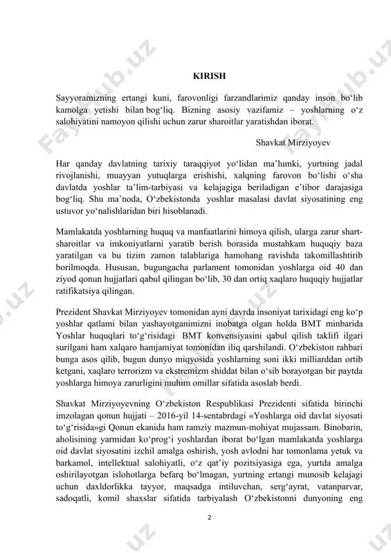 omillar sifatida asoslab berdi. shavkat mirziyoyevning o‘zbekiston respublikasi prezidenti sifatida birinchi imzolagan qonun hujjati – 2016-yil 14-sentabrdagi «yoshlarga oid davlat siyosati to‘g‘risida»gi qonun ekanida ham ramziy mazmun-mohiyat mujassam. binobarin, aholisining yarmidan ko‘prog‘i yoshlardan iborat bo‘lgan mamlakatda yoshlarga oid davlat siyosatini izchil amalga oshirish, yosh avlodni har tomonlama yetuk va barkamol, intellektual salohiyatli, o‘z qat’iy pozitsiyasiga ega, yurtda amalga oshirilayotgan islohotlarga befarq bo‘lmagan, yurtning ertangi munosib kelajagi uchun daxldorlikka tayyor, maqsadga intiluvchan, serg‘ayrat, vatanparvar, sadoqatli, komil shaxslar sifatida tarbiyalash o‘zbekistonni dunyoning eng rivojlangan davlatlari safidan o‘rin olishining muhim omili ekanini mamlakat rahbari va hukumat yaxshi anglaydi. mavzuning dolzarbligi: o'quvchilarning har tomonlama o'sib rivojlanishida sinf rahbarining roli juda muhim. shuning uchun sinf rahbarining faoliyatini tashkil etishga alohida e'tibor qaratish lozim. sinf rahbarining o'quvchilarni boshqarishdagi metodlari juda puxta tuzilgan bo'lishi zarur. sinfda ta’limtarbiya ishlarini tashkil etish va rahbarlikqilishda asosiy yetakchilik vazifasini sinf rahbari bajaradi. sinf rahbari maktabda muhim va mas’uliyatli vazifani ado etadi. …