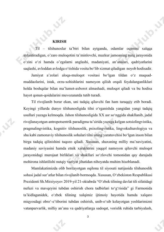 r maʼlum bir ijtimoiy qoidaga amal qilgan holda o‘zaro murojaat shakllarini tanlay olishi va o‘z o‘rnida ishlata olishi muhim hisoblanadi. jonli so‘zlashuv nutqida murojaat birliklarining o‘zbek va turk tillarida yetarlicha tadqiq etilmaganligi, ularning o‘ziga xos jihatlari taqqoslab o‘rganilmaganligi mavzuning asoslanishi va dolzarbligini belgilaydi. mavzuning obyekti va predmeti. o‘zbek va turk tillari tizimi hamda ularning nutqiy faoliyatida keng qoʻllaniladigan murojaat shakllari tadqiqotning obyektini tashkil etadi. ishning predmeti o‘zbek va turk tillaridagi murojaat shakllari, ularning turlari, o‘zbek va turk tillarida murojaat birliklarining ijtimoiy xoslanishi. mavzuning maqsad va vazifalari. bitiruv malakaviy ishining mavzusi o‘zbek va turk tillaridagi murojaat birliklari tadqiqiga bag‘ishlangan bo‘lib, unung asosiy maqsadi o‘zbek va turk tillaridagi murojaat birliklarini o‘rganish va tahlil qilishdan iborat. tadqiqotning vazifalari quyidagilardan iborat: · o‘zbek va turk tillaridagi murojaat shakllari turlarini o‘rganish va tahlil qilish; · o‘zbek va turk tillaridagi murojaat shakllari turlarini tasniflash va taqqoslash; · o‘zbek va turk tillarida murojaat birliklarining ijtimoiy xoslanishini o‘rganish …
