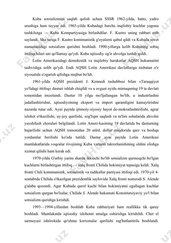 ida xalq fronti nomzodi s. alende g'alaba qozondi. agar kubada qurol kuchi bilan hokimiyatni egallagan kuchlar sotsializm qurgan bo'lsalar, chilida s. alende hukumati konstitutsiyaviy yo'l bilan sotsializm qurishga kirishdi. 1993—1994-yillardan boshlab kuba rahbariyati ham reallikka tik qaray boshladi. mamlakatda iqtisodiy islohotni amalga oshirishga kirishildi. chet el sarmoyasi ishtirokida qo'shma korxonalar qurilishi rag'batlantirila boshlandi. mamlakatda chet el valutasining muomalada bo'lishiga, mayda tadbirkorlikka va chakana savdoga ruxsat etildi. lotin amerikasi davlatlari murakkab iqtisodiy ahvolni mumkin qadar yumshatish maqsadida iqtisodiy birlashuvga jiddiy e'tibor berdilar. braziliya va argentina o'rtasida 1986-yilda imzolangan iqtisodiy ittifoq asosida 1991-yilda «janubiy amerika umumiy bozori» tuzildi. ayni paytda, mintaqa davlatlari aqsh bilan iqtisodiy integratsiya masalasiga ham jiddiy e'tibor bilan qaradilar. 1992— 1994-yillar davomida aqsh, kanada va meksika o'rtasida «shimoliy amerika erkin savdo zonasi» tashkil etilganligi bu boradagi muhim qadam bo'ldi. buyuk britaniya buyuk britaniyaliklar ham fashizm ustidan qozo-nilgan g'alabaga munosib hissa qo'shganlar. ular-ning davlati ikkinchi jahon urushi g'oliblaridan biri bo'ldi. …