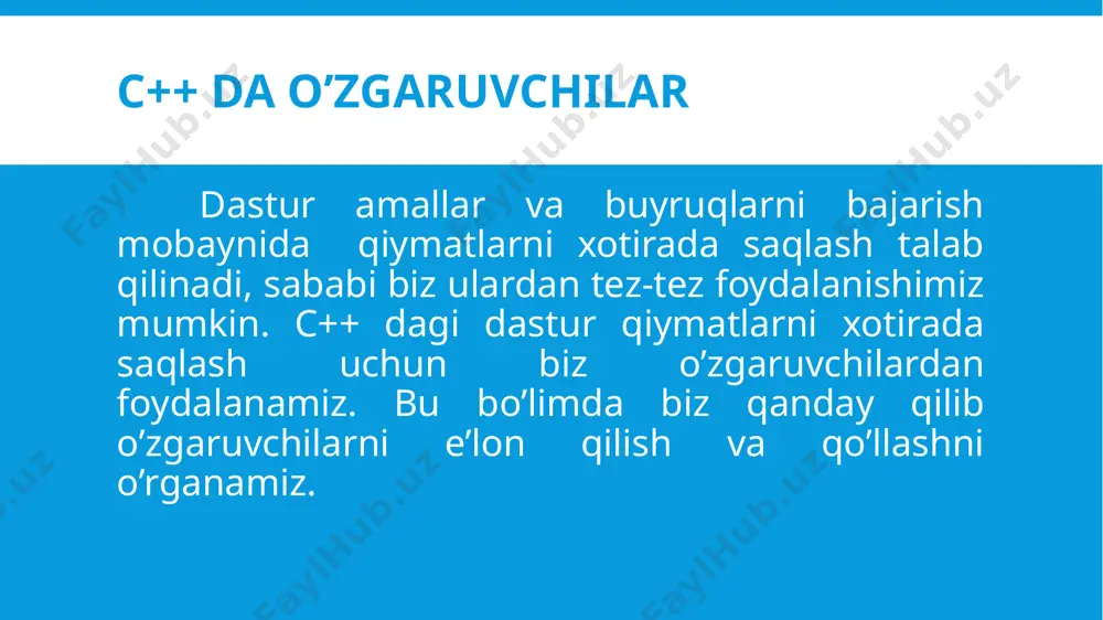 h ifodasi qo‘llanilganda qiymat va natija bo‘lishi kerak. qiymat: ifodaning qiymati o‘zlashtirish operatori (=) dan o‘ng tomonda joylashadi natija: o‘zlashtirish operatorining chap tomoniga ko‘chiriladi. o‘zlashtirish operatorining chap tomonidagi operand bittagina o‘zgaruvchidan tashkil topishi kerak. oddiy o‘zlashtirish (simple assinment) qisqartirilgan o‘zlashtirishlar (compound assignment) o‘zlashtirish ifodalari uchun oddiy kod e’tiboringiz uchun rahmat image2.png image3.png image4.png image5.png image6.png image7.png image8.png image9.png image10.png image11.png image12.png image13.png image14.png image15.png image16.png image17.png image18.png image19.png image20.png image21.png image22.png image23.png image24.png /docprops/thumbnail.jpeg