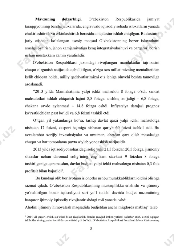 ib berish, asosan, samarali budjet nazorati orqali ta’minlanadi. shunday ekan budjet nazorati hozirgi davrda respublika va uning hududlarida davlat budjeti samarali ijrosini ta’minlashda muhim ahamiyat kasb etadi. budjetni samarali ijrosini ta’minlashda g‘aznachilik tizimiga o‘tish muhim ahamiyat kasb etadi. davlat budjetining g‘azna ijrosi davlat byujeti va davlat maqsadli jamg‘armalarining barcha daromadlarini yagona g‘azna hiiisobraqamiga jamlash va ularnig barcha xarajatini shu hisobraqamdan amalga oshirishni nazarda tutadi. bu esa davlat budjeti, davlat maqsadli jamg‘armalari, budjet tashkilotlarining budjetdan tashqri mablag‘lari, davlat qarzlari va ularga xizmat ko‘rsatish jarayonlarining tezkor nazoratini va manitoringini olib borish, davlat mablag‘larining samarali ishlatilishini ta’minlash imkonini beradi. mazkur bitiruv malakaviy ishi shu jihatdan ham dolzarbdir. tadqiqot maqsadi va vazifalari. davlat budjet nazoratini tashkil etishda g‘aznachilik tizimining ahamiyatini o‘rganish va ularning nazariy jihatdan asoslab berishdan iborat. mavzuning asosiy mazmunini yoritishda va tanllab olingan tadqiqot yo‘nalishini yoritishda quyidagi vazifalar belgilab olindi: -budjet nazoratini tashkil etishda g‘aznachilik tizimining mohiyati va ahamiyatini o‘rganish; -g‘aznachilik tizimini …