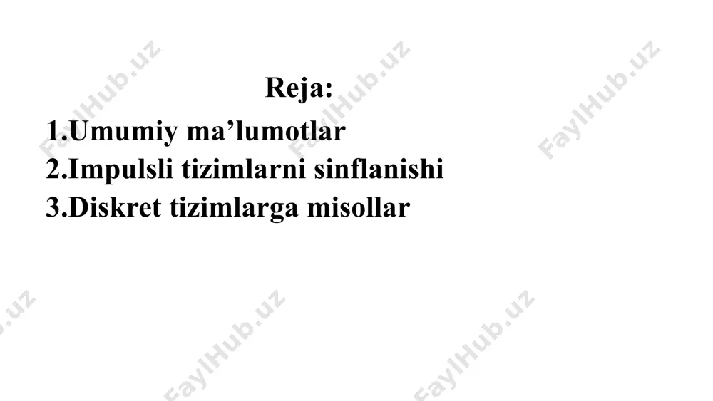 . uning kirish joyida uzluksiz kattaliklar diskretlashtiriladi, chiqish joyida esa, teskari jarayon sodir bo’ladi. diskret tizimlarning rivojlanishi boshqarishga qo’yilgan konstruktiv, eksplutasion va metrologik talablarning muttasil oshib borishi bilan bog’liq. 12 misol uchun, zamonaviy elektromexanik tizimlarda 0,5 m/sek tezlik bilan surilish ta’minlanishi va bunday tezlikni 1% ga yaqin aniqlik bilan ushlab turish talab etiladi. bunda pozisiyalash hatoligi 1-2 mkm.dan oshmasligi kerak. analog boshqarish tizimlari inersiyaliligi va operasiya kuchaytirgichlarining “nol dreyfi” sababli bunday aniq ko’rsatgichlarni ta’minlab bera olmaydi. boshqarish tizimlari o’sha ikkita sababsiz amalga oshmaydi. bundan tashqari, tizimning ish rejimi o’zgarganda rostlagichning parametrlarini qayta sozlash, yana ehtimol, boshqarish tizimsi strukturasini o’zgartirishga to’g’ri kelishi mumkin. bunday amal ko’p vaqtni talab etadi, demak, jihozlarning ish unumi pasayishi kuzatiladi. diskret tizimlarda “nol dreyfi” yo’q, ular xalaqitlardan ancha yuqori himoyalangan va g’alayonlarga turg’un, o’lchamlari va og’irligi kichik. boshqarish qonuni ularda dasturlar yordamida amalga oshiriladi, bu esa, rostlagichlarning parametrlarini tez o’zgartirish zarur bo’lsa, strukturasini ham o’zgartirish imkonini …