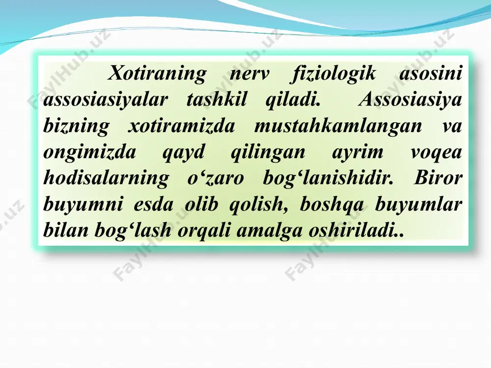 v bogʻlanishining vujudga kelishidir. esda qoldirish oʻzining faolligi jihatidan ikkiga boʻlinadi: a) ixtiyorsiz esda qoldirish- oldindan maqsad quyilmaydi, mavzu tanlanmaydi va iroda kuchi sarflanmaydi. b) ixtiyoriy esda qoldirish- oldindan maqsad qoʻyib mavzu belgilanadi. ixtiyoriy esda qoldirishda quyidagi turli usullardan foydalaniladi: maqsad qoʻyish, masalan, institutga kirish oldidagi maqsad; oʻquv materiallarini tushunib esda qoldirish; esda qoldirishning rasional usullaridan foydalanish, masalan, esga tushirish yoʻli bilan esda qoldirish психология фанида эсда олиб қолишнинг қуйидаги турлари мавжуд: маълумот, хабар, таассурот, ахборот ва материалларни эшитиш орқали идрок қилиш ҳамда эсда олиб қолиш эгаллаш ёки ўзлаштириш зарур бўлган материалларни кўриб идрок қилиш ёрдамида эсда олиб қолиш материалларни ҳаракат ёрдамида ва эшитиш орқали идрок қилиш ҳамда эсда олиб қолиш аралаш ҳолатда эсда олиб қолиш, эшитиш, кўриш, ҳаракат кабилар орқали идрок қилиш ва эсда олиб қолиш ёки бир нечта таъсир этувчилар ёрдамида акс эттириш esda olib qolish jarayoni deganda sezgi, idrok, tafakkur, ichki kechinmalarni xotirada saqlanish xususiyati tushuniladi. esga …