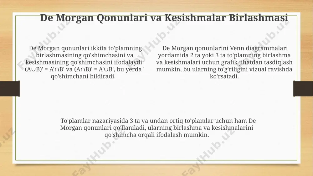 g birlashmasi 7 ta oʻzaro bogʻliq boʻlmagan hududni hosil qiladi. kesishmalar birlashmasining amaliy qo'llanilishi loyihalashda, 10 ta turli talablar to'plamining kesishmasi natijasida umumiy talablar aniqlanib, 2-3 ta variantli optimal yechim tanlashga yordam beradi. geometrik shakllarni hisoblashda, 5 ta doira kesishmalarining birlashmasi yuzasini aniqlashda kesishmalar birlashmasi algoritmlari samaradorlikni oshiradi va aniq natijalarni ta'minlaydi. kesishmalar birlashmasining qo'llanilishi ma'lumotlar bazalarini 3 ta alohida jadvaldagi ma'lumotlarni birlashtirishda, 2000 dan ortiq qatorli ma'lumotlar to'plamini samarali qayta ishlashda muhim rol o'ynaydi. kesishmalar birlashmasining xossalari kesishmalar birlashmasining asosiy xossalaridan biri, agar a va b ikkita to'plam bo'lsa, (a ∩ b) ∪ (b ∩ a) = a ∩ b bo'lishidir, chunki kesishma operatsiyasi kommutativdir. de morgan qonunlariga ko'ra, (a ∩ b)' = a' ∪ b' munosabati to'g'ri bo'lib, bu kesishmaning to'ldiruvchisi birlashmaning to'ldiruvchilarining kesishmasiga teng degan ma'noni anglatadi. agar uchta to'plam a, b va c berilgan bo'lsa, (a ∩ b) ∪ (b ∩ c) ∪ (a ∩ c) …