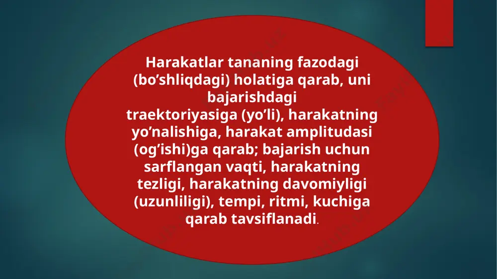 aladigan qismi, mashq texnikasini o’zlashtirish yoki bajarishda muhim ahamiyat kasb etadi. oldiniga u anatomo-fiziologik vazifani hal etishi e’tiborga olinsa, boshqa tomondan, shu harakatning bajarilishiga ijobiy yordam beradi. dastlabki holat harakatni bajarishni boshlash uchun eng optimal holat bo’lib, harakat boshlangandan keyin bajariladigan harakatlarning ketma-ketliligiga qulaylik yaratadi. sprinter (qisqa masofaga yuguruvchi) uchun “past start”, darvozabon uchun “to’pni kutish holati” va h.k.lar. harakatning yo’li (trayektoriyasi) jismoniy mashq texnikasini o’zlashtirishda, uni texnikasini bajarishni namoyish qilishda muhim ahamiyatga ega. amaliyotda tananing fazodagi holatini, harakatning traektoriyasi (yo’li)ga qarab tavsiflaymiz. harakatni bajarishda uning ijrosi uchun lozim bo’lgan traektoriyaga erishilmasa, qo’yilgan maqsadga erishish qiyinlashadi. mashqni bajarishda tana harakati yo’lining qanday shakldadigi, yo’nalishi va harakatning amplitudasini belgilay olsak, gavda (yoki uning qismlari) harakatining yo’lini aniqlaymiz. inson organzmi anatomiyasining turlichaligi uni bir hil harakatni bajarishda xar bir individ uchun turlicha harakat yo’lini tanlashni taqazo qiladi. harakatning yo’nalishi. mashqning effektivligi shunda ko’zga tashlanadiki, agar, bajarilishi lozim bo’lgan harakat uchun kerak bo’lgan …
