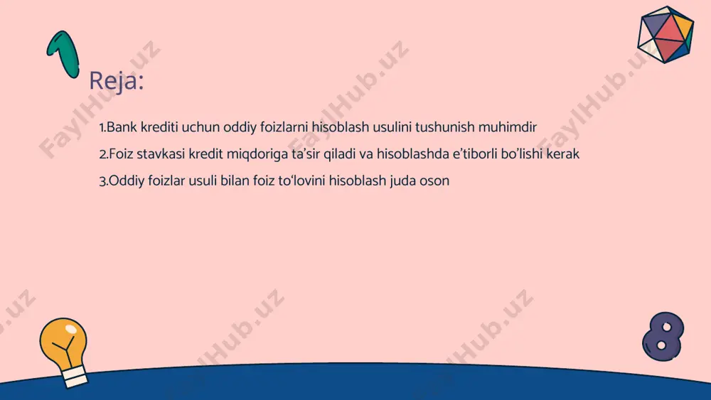 datiga bog'liq boʻlib, bu muddat qancha uzunsa, shuncha ko'p ustama foiz to'lanadi • kreditning to'lov muddatlari - kreditning to'lov muddatlari qisqa yoki uzoq muddatli bo'lishi mumkin, bu esa ustama foizlar miqdorini belgilaydi foiz to‘lovini hisoblashda asosiy formulalarni bilish zarur • foiz hisoblash formulasi - foiz to‘lovini hisoblash uchun asosiy formula: foiz = asosiy summa x foiz stavkasi x vaqt. bu formulani bilish, to‘lovlarni aniq va samarali hisoblash imkonini beradi. • tegishli omillar - foiz stavkasi va asosiy summa talab qilinadi. bu omillarni tushunish, to‘lovlarni aniqlashda muhim rol o‘ynaydi. • vaqtning ahamiyati - vaqt - foiz hisoblashda muhim tushuncha. vaqtni to‘g‘ri aniqlash, to‘lovlar miqdorini aniq belgilashda yordam beradi. • amaliy foydalanish - ushbu formulalarni amalda qo‘llash, shaxsiy moliyaviy rejalashtirishda sezilarli yordam ko‘rsatadi. har bir inson uchun bu bilimlar zarur. kredit foizlari va to‘lovlarining o'zgarishini kuzatish foydali • foiz stavkalari o'zgarishi - kredit foiz stavkalari iqtisodiy holatga ko'ra o'zgaradi. bozor talab va …
