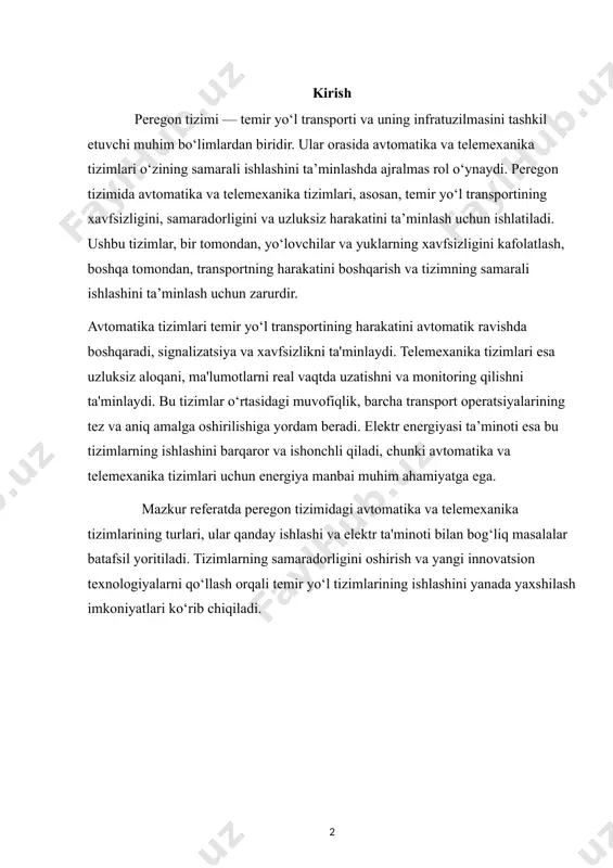 zimlari temir yo‘l transportining xavfsizligini ta'minlash, poezdlarning harakatini boshqarish va boshqa asosiy tizimlarni optimallashtirishda muhim rol o'ynaydi. bu tizimlar orqali poezdlarning harakati avtomatik tarzda boshqariladi, xavfsizlikni ta'minlash uchun zarur signalizatsiya va boshqaruv tizimlari tashkil etiladi. peregon avtomatika tizimlari, odatda, temir yo‘lning turli bo‘limlarida ishlaydi va ularning samarali ishlashi temir yo‘l transportining tezligi, xavfsizligi va unumdorligiga bevosita ta'sir qiladi. 1.1. peregon avtomatika tizimlarining vazifalari peregon avtomatika tizimlarining asosiy vazifalari quyidagilardan iborat: · poezd harakatini boshqarish: avtomatika tizimlari orqali poezdlar o‘zlarining harakatini amalga oshiradi. harakatni boshqarish tizimlari poezdning tezligini, tormozlashni, yo‘llarni o‘zgartirishni va boshqa harakat jarayonlarini avtomatik ravishda boshqaradi. · xavfsizlikni ta'minlash: avtomatika tizimlari yordamida yo‘l chiziqlari va o‘tish nuqtalari xavfsizligini ta'minlash, baxtsiz hodisalarni oldini olish, va poezdlarning to‘qnashuvini bartaraf etish uchun signalizatsiya tizimlari ishlatiladi. · zaxira boshqaruv tizimlari: avtomatik boshqaruv tizimlari faqat operator tomonidan qabul qilingan qarorlar asosida emas, balki tizimda yuzaga keladigan kamchiliklar yoki avariyalar holatida ham poezdning harakatini optimallashtirishga …