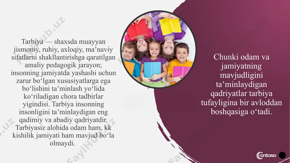 oq ixtiyoriydir. axloqiy tarbiya odamlarni nomusli vijdonli, adolatli, vatanparvar, mehnatsevar bo‘lishga o‘rgatadi. axloqiy tarbiyada yaxshi xulqni takomillashtirish uchun kurashiladi. xalq ta’limi tizimida o‘qitish tarbiyalanuvchilarning axloqiy mukammallashishi bilan bog‘liq bo‘ladi. ularda ong bilan xulq birligi tarbiyalanadi. mehnat tarbiyasi mehnat tarbiyasi oldida turgan asosiy vazifa o‘quvchilarga mehnat ta’limiga oid ilmiy bilimlar berish, mehnat qurollari bilan muomala qilishga o‘rgatib, hayotga, ijtimoiy foydali mehnatga tayyorlashdir. bu vazifalarni ikki turkumga ajratish mumkin. birinchidan, mehnatga bo‘lgan munosabat jarayonidagi zarur bilim va ko‘nikmalarni o‘z ichiga oladi. yoshlarda xalqi, vatani manfaati yo‘lida mehnat qilish xohishini tarbiyalab, mehnatga hayotiy zarur faoliyat deb qarashlarini tarkib toptirishga erishiladi. ikkinchidan, guruh vazifalari, mehnat faoliyatini bajarish jarayonida zarur bo‘ladigan bilimlar o‘zlashtiriladi, fan asoslari, politexnik ta’lim o‘rganiladi. mehnat tarbiyasi tushunchasi umumiy bo‘lib, bu tushunchasi bir qancha xususiy tushunchalarni o‘z ichiga oladi. birinchisi, politexnik ta’lim —bu ishlab chiqarishning barcha sohalariga taalluqli bo‘lgan ilmiy asoslarni va prinsiplarni, mehnat ko‘nikma va malakalari, oddiy mehnat qurollari bilan muomala …
