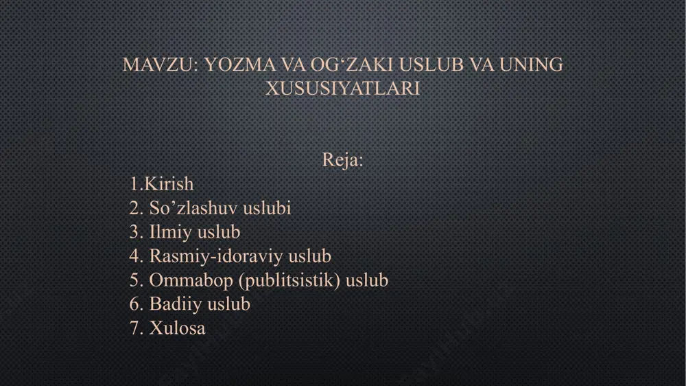 iqsiz gaplar, maqol va matallar hamda iboralardan keng foydalaniladi. umumxalq tili ma’lum bir xalqning so‘zlashuv tilidir. adabiy til esa ma’lum bir til qoidalari asosida tuzilgan, ishlangan, sayqal berilgan tildir. umumxalq tili kengroq hajmda bo‘lib, u sheva va lahjalar, kasb-hunarga oid so‘zlar, atamalar, jargonlar, ma’lum toifa (biror ijtimoiy guruh) ga oid so‘zlarni ham o‘z ichiga oladi. bu xil tilda nutq erkin bo‘lib, til qoidalariga asoslanilmaydi. faqat muayyan bir hududga xos ayrim belgilarni o‘zida namoyon qilgan til shakli sheva hisoblanadi. bir qancha shevalar yig‘indisi lahja deyiladi. sheva va lahjalar ma’lum bir hududda yashovchi aholining mahalliy so‘zlashuv tilidir (masalan, toshkent shevasi, farg‘ona shevasi). ilmiy uslub fan-texnikaning turli tarmoqlariga doir ilmiy asarlar, darsliklar ilmiy uslubda yoziladi. ilmiy uslub aniq ma'lumotlar asosida chiqarilgan ilmiy xulosalar (qoidalar, ta'riflar)ga boy bo’lishi bilan boshqa uslublardan farq qiladi: yomg’ir - suyuq tomchi holidagi atmosfera yog’ini. tomchining diametri 0,5-0,6 mm bo’ladi. ilmiy uslubda har bir fanning o’ziga xos ilmiy atamalaridan …