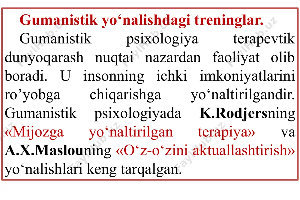 kma va malakalar ko‘pincha ma’lum bir ish faoliyati yuzasidan kerak bo‘ladi. shuning uchun bunday treninglarning asosiy ishtirokchilari rahbarlar, tadbirkorlar, ishbilarmonlar bo‘ladi. ko‘nikmalar treningining maqsadi quyidagilardan iborat: ishtirokchilarni turli hayotiy murakkab vaziyatlarda kerak bo‘ladigan ko‘nikmalarga o‘rgatish; ishtirokchilarni real sharoitda to‘qnashadigan muammolaridan xalos etish. ishtirokchilarga boshqaruv ko‘nikmasini rivojlantirishga yordam berish; ishtirokchilarni olingan bilimlarni guruhdan tashqarida ham qo‘llashga o‘rgatish. ishtirokchilarda konkret sharoit va vaziyatlarda boshqalar bilan (effektiv) samarali o‘zaro ta’sir uchun kerakli kommunikativ ko‘nikmalarni mukammalashtirish. individual guruhiy tashkiliy diagnostika ko‘nikmasini egallash. guruhda nizoli vaziyat yechimini topish va guruhiy yaqinlik, ahillikni mustahkamlash. 2. zamonaviy psixologiyada trening klassifikasiyalari zamonaviy psixologiyada treninglarga bo‘lgan e’tiborning yanada ortishi barobarida ularni turlarga ajratish yuzasidan ham ishlar olib borilmoqda. hozirgi vaqtda mutaxassislar tomonidan tashkil etilayotgan va o‘tkazilayotgan treninglarni turlarga ajratish nihoyatda murakkabligini ta’kidlab o‘tish muhimdir. chunki hozirgacha ham treninglarning yagona klassifikatsiyasi mavjud emas. lekin bu muammo bilan shug‘ullangan mualliflarning barchasi turli asoslarga ko‘ra treninglarni o‘ziga xos ko‘rinishlarda turlarga ajratishgan. quyida …