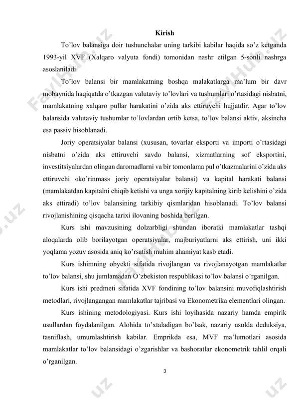 o’zbekiston respublikasi tashqi savdo balansini o’rganish va respublika to’lov balansi barqarorligini ta’minlash yo’llarini taklif etish. i. to’lov balansi va uni tartibga solishning nazariy asoslari 1.1. to’lov balansi tarkibi, xususiyatlari va makroiqtisodiy siyosatning unga bo’lgan ta’siri. to’lov balansi tarkibi. to’lov balansini tuzishning turlicha uslubiyati mavjud bo’lib, hozirgi kunda xalqaro valuta fondi (xvf) taklif etgan metodika (uslubiyat)dan, ya’ni to'lov balansi moddalarining tasnifidan mamlakatlar amaliyotida keng qo'llaniladi. mazkur uslubiyatda obyektiv reallik ko’proq ko’rinadi, xususan to’lov balansi ikkita yirik bo’limga ajratilgan. bu bitimlarning hisobini yuritishning ikki tomonlama xususiyatidan, ya’ni savdo va moliyaviy jihatidan kelib chiqqan holda yaratilgan. xususan, tovarlar va xizmatlar eksporti norezidentlar oldida rezidentlarning talablarini oshiradi (to’lov balansida «+» ishorasi bilan aks ettiriladi), bu esa, o’z navbatida norezidentlar oldidagi moliyaviy majburiyatlarning kamayishiga olib keladi («-» ishorasi bilan belgilanadi). har ikkita hisob-kitob yozuvlarining yig’indisi nolga teng bo’lishi lozim. tovarlar va xizmatlar eksporti natijasida mamlakatda valuta zaxiralari to’planib boradi va ular import operatsiyalari to’loviga xizmat …