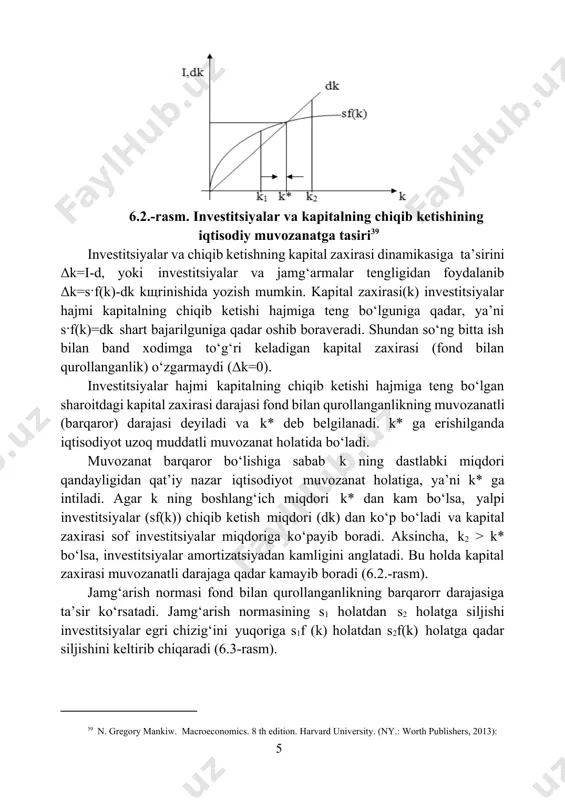sh mumkin. kapital zaxirasi(k) investitsiyalar hajmi kapitalning chiqib ketishi hajmiga teng bo‘lguniga qadar, ya’ni s·f(k)=dk shart bajarilguniga qadar oshib boraveradi. shundan so‘ng bitta ish bilan band xodimga to‘g‘ri keladigan kapital zaxirasi (fond bilan qurollanganlik) o‘zgarmaydi (δk=0). investitsiyalar hajmi kapitalning chiqib ketishi hajmiga teng bo‘lgan sharoitdagi kapital zaxirasi darajasi fond bilan qurollanganlikning muvozanatli (barqaror) darajasi deyiladi va k* deb belgilanadi. k* ga erishilganda iqtisodiyot uzoq muddatli muvozanat holatida bo‘ladi. muvozanat barqaror bo‘lishiga sabab k ning dastlabki miqdori qandayligidan qat’iy nazar iqtisodiyot muvozanat holatiga, ya’ni k* ga intiladi. agar k ning boshlang‘ich miqdori k* dan kam bo‘lsa, yalpi investitsiyalar (sf(k)) chiqib ketish miqdori (dk) dan ko‘p bo‘ladi va kapital zaxirasi sof investitsiyalar miqdoriga ko‘payib boradi. aksincha, k2 > k* bo‘lsa, investitsiyalar amortizatsiyadan kamligini anglatadi. bu holda kapital zaxirasi muvozanatli darajaga qadar kamayib boradi (6.2.-rasm). jamg‘arish normasi fond bilan qurollanganlikning barqarorr darajasiga ta’sir ko‘rsatadi. jamg‘arish normasining s1 holatdan s2 holatga siljishi investitsiyalar egri …