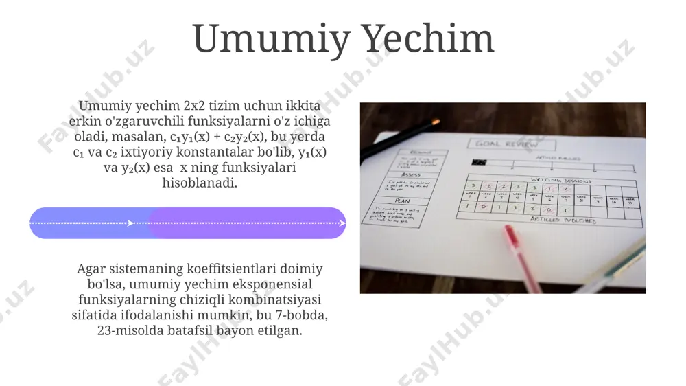 iziqli mustaqil yechimning chiziqli kombinatsiyasi sifatida ifodalanadi, masalan, tokio universiteti tadqiqotchilari tomonidan 1980-yillarda o'rganilgan. sales 1st qtr 2nd qtr 100 0 sales 1st qtr 2nd qtr 100 0 xususiy yechimlarni topish 2x2 o'lchamli sistemasida, agar xususiy yechimlarning determinantlari nolga teng bo'lsa, moskva davlat universiteti o'quv qo'llanmasida ko'rsatilganidek, lineer bog'liqlik mavjud. xususiy yechimlarni topish uchun, masalan, 3 ta noma'lumli 3 ta tenglamadan iborat sistemasini gauss usuli yordamida 10 ta bosqichda hal qilish mumkin, natijada 3 ta mustaqil xususiy yechim hosil bo'ladi. eigenvalues va eigenvectors xususiy vektorlar, xuddi 3 o'lchovli fazo kabi, sistemaning o'zgaruvchilarining o'zaro bog'liqlik yo'nalishlarini ko'rsatadi, masalan, tokiodagi ikkita turli nuqta o'rtasidagi yo'nalishni aniqlashga o'xshaydi. kompleks xususiy qiymatlarning mavjudligi, masalan, 4-tartibli sistemada, sistemaning tebranishli xususiyatlarini, ya'ni nyu-yorkdagi bir tebranishli ko'prik kabi, ko'rsatadi. e'tiboringiz uchun rahmat @taqdimot_robot image4.jpg image5.jpg image6.jpg image7.jpg image8.jpg image9.jpg image10.jpg image11.jpg image12.jpg image13.jpg image14.jpg image15.jpg image16.jpg image17.jpg image1.jpeg image2.jpeg image3.jpeg