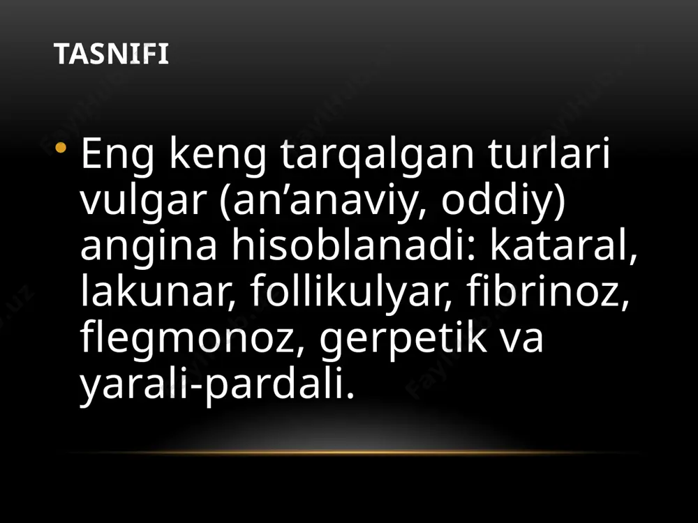 eng xavfli asoratlari: erta muddatlarda: halqum abstsesslari (yiring bilan to’lgan katta bo’shliqlar hosil bo’lishi); bo’yinning fastsial yo’llari orqali infektsiyaning ko’krak qafasiga tarqalishi natijasida mediastinit, bosh suyagi bo’shlig’iga tarqalib, miya pardalarining yallig’lanishi (meningit) rivojlanishi; infektsion-toksik shok (organizmning mikroblar hayotiy faoliyati va organizmning to’qimalari parchalanishi mahsulotlari bilan zaharlanishi); sepsis («qonning zararlanishi», ya’ni infektsiyaning qonga kirishi va butun organizm bo’ylab tarqalishi); so’nggi muddatlarda (2-4 haftadan keyin): o’tkir revmatik isitma; glomerulonefrit (noinfektsion kelib chiqishli buyraklarning yallig’lanishi, bu salomatlikning jiddiy buzilishlariga, jumladan, buyrak yetishmovchiligiga olib keladi). davolash asosiy tavsiyalar: antibiotiklar qabul qilish, kasallikning dastlabki kunlarida yotoq tartibi, qo’zg’atmaydigan, yumshoq va oziqali parhez, vitaminlar, ko’p suyuqlik ichish. bakterial anginani davolashda turli xil antibiotiklar va sintetik antimikrob preparatlar (mikrobning sezgirligiga va bemorning dorilarga reaktsiyasiga qarab), sprey yoki aerozol, shuningdek tabletka, shimish uchun pastilkalar shaklida chiqariladigan turli mahalliy antiseptiklardan foydalaniladi. zamburug’li anginani davolashda (bunday kasallik asosan candida avlodiga mansub zamburug’lar tomonidan chaqiriladi) zamburug’larga qarshi dorilar qo’llaniladi. zamburug’li angina …