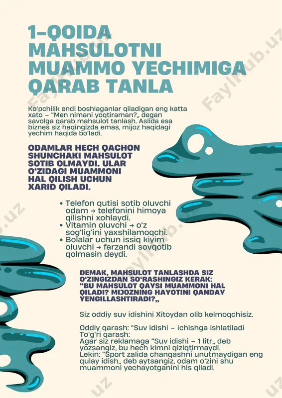 misa adiljanovna 3. professional ohang post va storiyalarda ishonchli va samimiy yozing. haddan tashqari ko‘p emoji va keraksiz gaplardan saqlaning. xaridor bilan “do‘stona, ammo professional” ohangda gaplashing. yoki bozor narxi – shu mahsulotni raqiblaringiz qancha pulga sotayotgani. 6-qoida narx belgilashda 3 ta raqamni xisobla 1 2 mahsulotni narxini belgilashda faqat “bozorda nech pul ekan” deb qarab qo‘yishadi. bu esa eng katta xato. to‘g‘ri narx qo‘yish uchun 3 ta asosiy raqamni hisoblash kerak: foyda – siz olishni rejalashtirgan sof daromad. 3 xarajatlar – mahsulot narxi + kargo + qadoqlash + reklama xarajatlari. narxni ko‘zbo‘yamachilik bilan emas, aniq hisob-kitob bilan qo‘yganingizda, siz ham bozorda raqobatbardosh bo‘lasiz, ham o‘z biznesingizni foydali qilasiz. 7- qoida reklamaga faqat testdan keyin katta pul sarfla ko‘pchilik boshlovchilar birinchi ish sifatida katta reklama byudjeti ajratib yuboradi. lekin bu eng katta xato. chunki mahsulot hali sinalmagan, sahifa hali shakllanmagan, kontent ham odamlarni o‘ziga tortadimi-yo‘qmi noma’lum. shu sababli reklama oldidan …