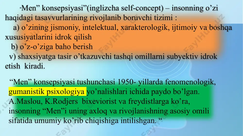 ini anglash - bu shaxsning o'z harakatlari, his-tuyg'ulari, fikrlari, xatti-harakatlari motivlari, qiziqishlari, jamiyatdagi mavqeini anglashi. o'z-o'zini ongni shakllantirishda shaxsning o'z tanasi, harakatlari va harakatlariga nisbatan sezgilari katta rol o'ynaydi. o'z-o'zini anglash o'ziga qaratilgan ongdir: ongni o'zining ob'ekti, ob'ekti qiladi. bu qanday qilib materialistik bilim nazariyasi nuqtai nazaridan mumkin - bu asosiysi falsafiy savol o'z-o'zini anglash muammolari. savol bu ong va bilish shaklining o'ziga xos xususiyatlarini aniqlashtirishdir. bu oʻziga xoslik shundan kelib chiqadiki, oʻz-oʻzini anglash aktida inson ongi voqelikning subyektiv shakli boʻlib, oʻzi subʼyekt va obʼyektga, anglaydigan ongga (subʼyektga) va anglaydigan ongga boʻlinadi. ob'ekt). bu bifurkatsiya, oddiy fikrlash uchun qanchalik g'alati tuyulmasin, aniq va doimiy ravishda kuzatiladigan haqiqatdir o'z-o'zini anglash jarayonlarini insonning organizm, individual va shaxsiyat sifatidagi faoliyat darajalari bilan bog'lab, u o'z-o'zini anglashning 3 darajasini ajratadi: i - " o'z-o'zini tanlash va o'zini hisobga olish (motor aktlarda)"; o'z-o'zini anglash shaxsi o'z-o'zini hurmat qilish ii - shaxsning o'zini o'zi anglashi, ya'ni. …