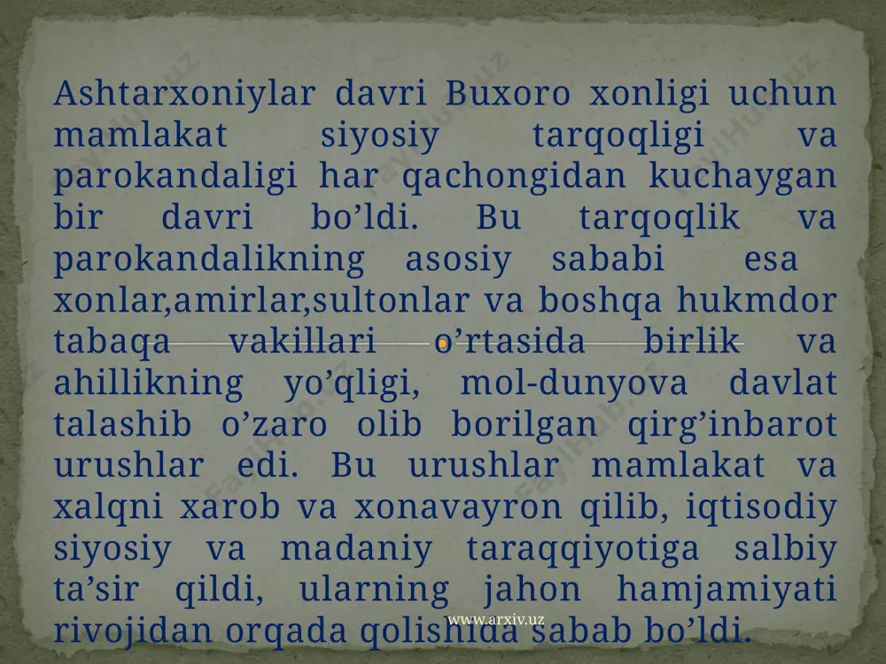m bo’lgandi.amir qonunlar ,vijdon azobi,shavqat nimaligini bilmasdi.u yoqtirgan hamma narsani olar,yomon ko’rgan kishilarini qatl ettirar,istagiga qarshi borganlarni zindonga tashlardi.aholi har qanday huquqlardan mahrum edi. ular savodsiz va bilimsiz bo’lganliklari tufayli o’z huquqlari bo’lishi mumkinligini tasavvur ham qilolmasdi.buxoroda har xil millat vakillari yashashar edi,lekin faqat o’zbeklar imtiyozli mavqeda edilar. oliy ma’muriyat qariyb tamoman mant’itlardan iborat bo’lib, ular hukmron qabila edi www.arxiv.uz tojjiklarga nisbatan noxush munosabat shakllantirilardi.tojiklar shialar,o’zbeklar esa sunniylar bo’lganligidan ular do’stlashaolmaydilar,hamkorlik ham qila olmaydilar,ularning bir-biri bilan nikohga kirishi ham mumkin emas,degan bahona bilan begonalik targ’ib qilinardi.tojiklar tog’li qishloqlarga surib chiqarildi.arablar o’z tilini tamoman unutib,o’zbek tilida so’zlashardilar.turkmanlar amirlikning tashqi chegaralarida joylashtirildi. ular bunda chegara xizmatini o’tashlari kerak edi.ular shu tariqa o’troqlashib, dehqonlar va chorvadorlarga aylandilar. www.arxiv.uz buxoro amirligida mang’itlar sulolasi o’z hokimiyatini qovushtirishga urinar, hukmron millatni shakllantirar,boshqa xalqlarning milliy qadr-qimmatini bostirar edi.buxoro amirligi ahli zo’ravonlik ,o’zboshimchalik,g’ayriqonuniy yig’imlar va eng oddiy insoniy hislatlar toptalishidan azob chekardi. ular ko’p marta qo’zg’olon ko’targanlar. aholi …