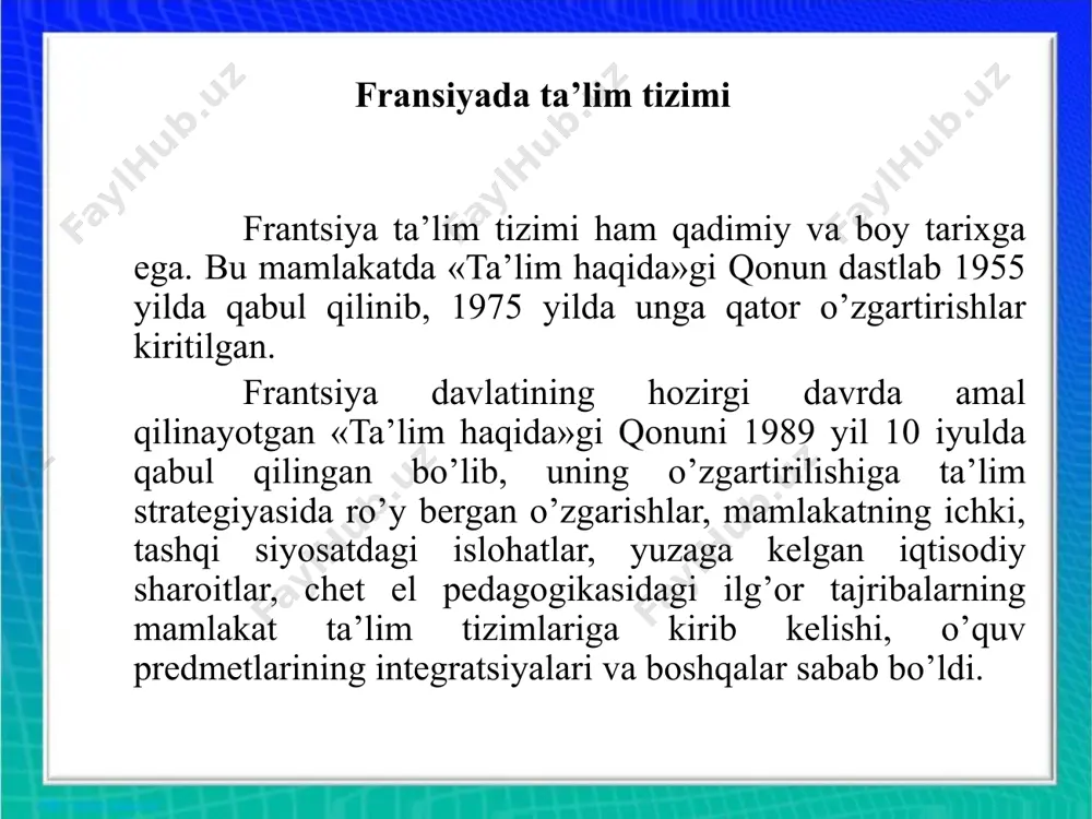 ning yarmida esa uyda, oilada bo’ladilar. germaniyada kuni uzaytirilgan bog’chalar ham bor. oliy maktab o’z-o’zini boshqarish huquqiga ega. oliy o’quv yurtini shtatdagi rektor yoki bir necha yilga saylangan prezident boshqaradi. o’z-o’zini boshqarishda vazifalari aniq taqsimlab berilgan bir necha guruhlar bosqichma-bosqich ishtiroki printsipiga amal qilinadi. uning tarkibiga professor-o’qituvchilar, o’quvchilar, ilmiy xodimlar va boshqa xodimlar kiradi. talabalar o’qishi erkin tashkil etilgan. ko’p sonli o’quv bosqichlari bilan birga o’quv rejalari taklif etiladi. o’qishga haq to’lanmaydi. agar talaba yoki ularning ota-onalari oziq-ovqat harajatlarini ko’tara olmasa o’qish uchun moliyaviy yordam ko’rsatish to’g’risidagi federal qonunga ko’ra ular moliya yordamida oladilar. bu yordamning yarmi stipendiyaga qo’shib berilsa, ikkinchi yarimi qarz tariqasida beriladi. mamlakatda ta’limning isloh qilish masalasi ko’pdan buyon muhokama qilinmoqda, bunda o’quv jarayonini qisqartirish taklif qilinmoqda. hozir universitetlarda talabalar 7 yil o’qiydi. ular o’qishga kirganlariga qadar korxonalarda bir necha yil ishlashlari yoki bundesverda xizmat qilishni hisobga olsak, talabalar haqiqiy mehnat faoliyatlarini ancha kech boshlayotganligini tushunamiz. germaniyada …