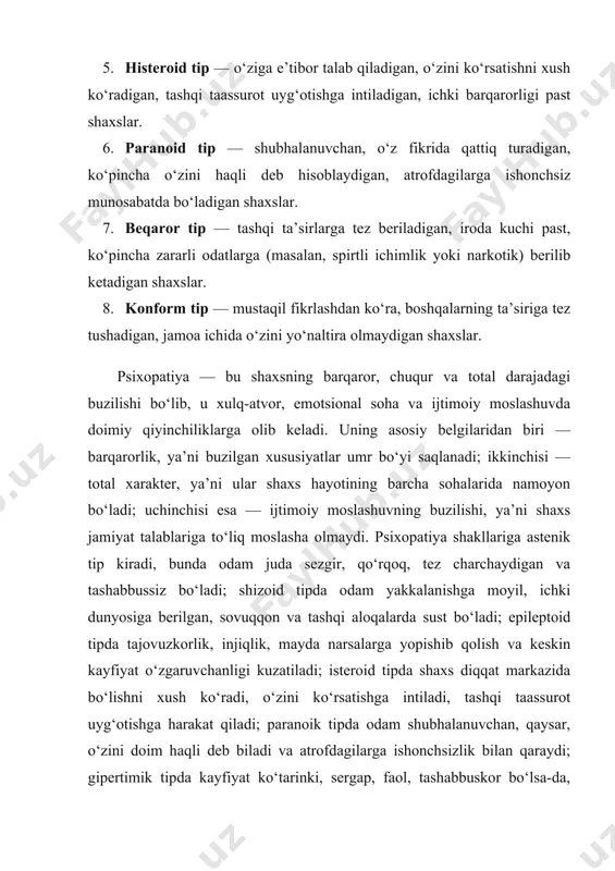 katta omil — biologik sabablar: irsiyat va genetik moyillik, markaziy asab tizimining xususiyatlari, homiladorlik yoki tug‘ruq davrida yuzaga kelgan shikastlanishlar, miya jarohatlari, surunkali somatik va nevrologik kasalliklar shaxs rivojiga salbiy ta’sir qiladi. ikkinchi omil — psixologik sabablar: bolalik davrida noto‘g‘ri tarbiya, ota-onaning beparvoligi yoki haddan tashqari qattiqqo‘lligi, mehr va e’tibor yetishmasligi, shaxsning erta yoshda og‘ir psixotravmatik voqealarni boshdan kechirishi (zo‘ravonlik, ajralish, yaqinlarning o‘limi) shaxs shakllanishini izdan chiqarishi mumkin. uchinchi omil — ijtimoiy sabablar: oilaviy nizolar, spirtli ichimlik va narkotik muhitida o‘sish, ijtimoiy tengsizlik, kambag‘allik, jinoiy muhit ta’siri, jamiyatda o‘z o‘rnini topa olmaslik. to‘rtinchi omil — madaniy-muhit omillari: jamiyat qadriyatlari, urf-odatlar, mafkuraviy bosim, ijtimoiy qo‘llab-quvvatlashning yetishmasligi ham shaxs buzilishiga zamin yaratadi. bunga qo‘shimcha ravishda, shaxsning individual xususiyatlari ham rol o‘ynaydi: emotsional beqarorlik, o‘ziga ishonchsizlik, stressga chidamsizlik, muloqotdagi qiyinchiliklar. natijada biologik predispozitsiya bilan noqulay psixologik va ijtimoiy muhit birlashganda shaxs buzilishlari rivojlanadi. shaxs patologiyasining bu turlari turli darajada ifodalanishi mumkin. ayrim hollarda …